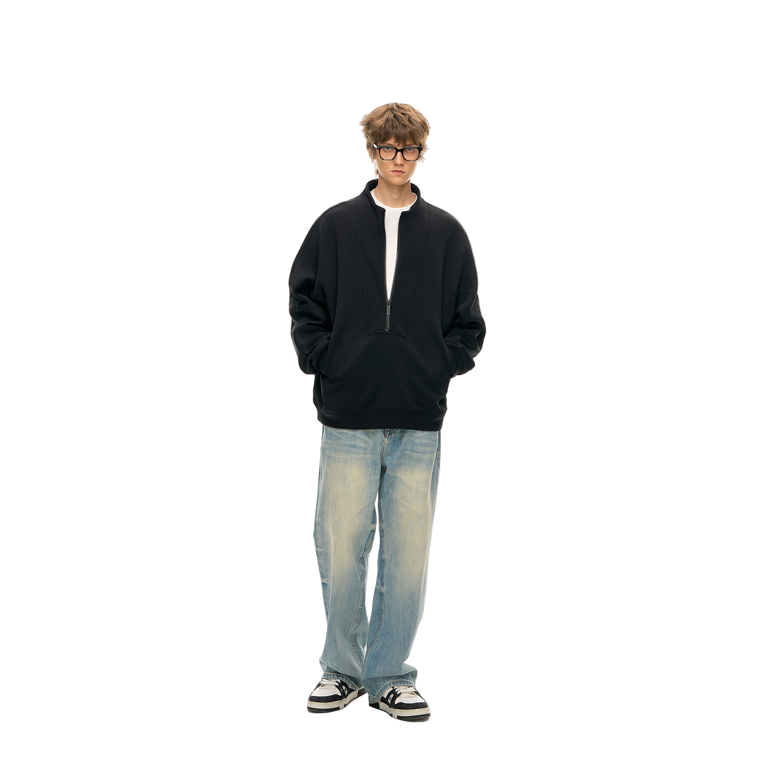 Black Air Layer High Neck Zipper Casual Fleece Sweatshirt