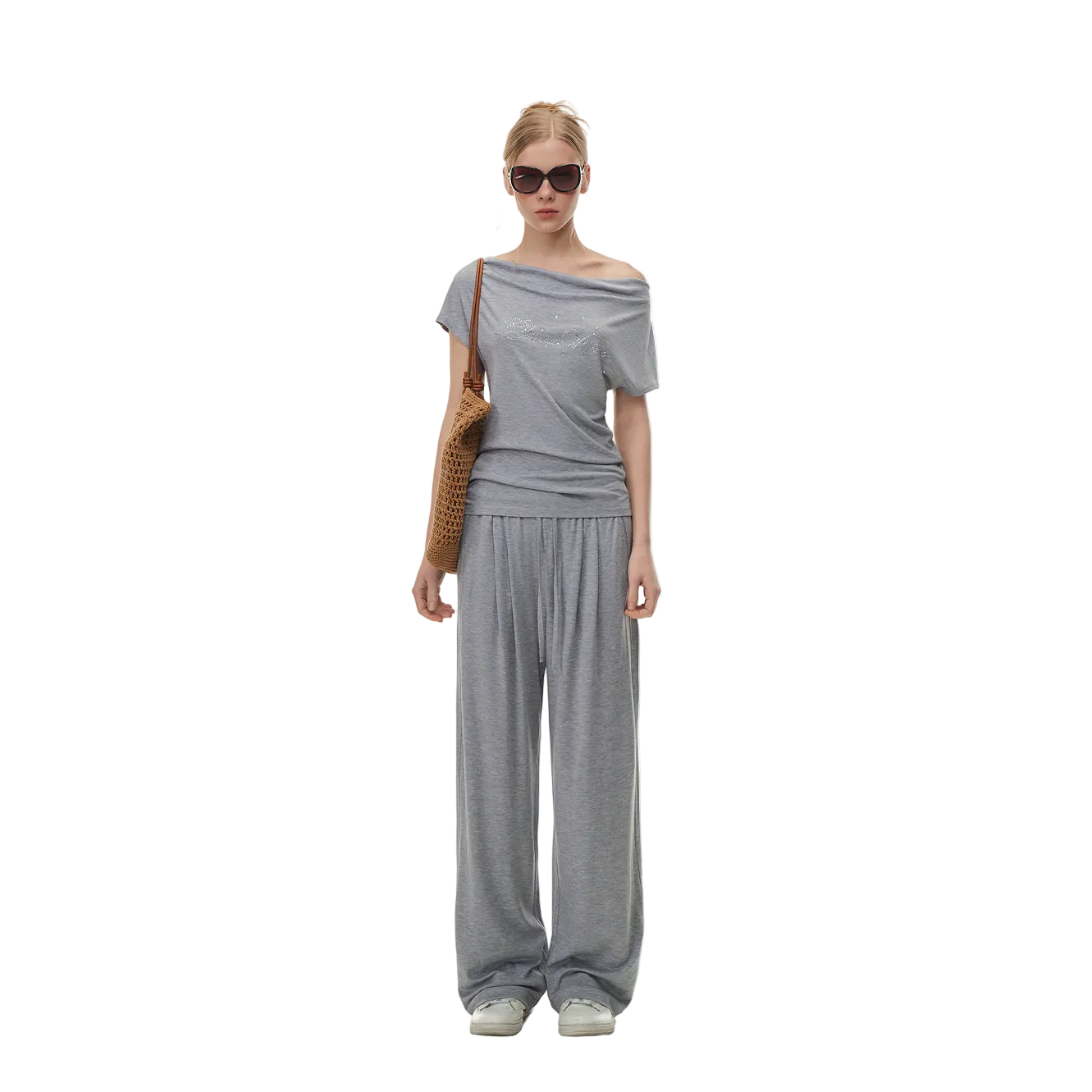 Grey Lyocell Duffle Collar Off-Shoulder Short Sleeve
