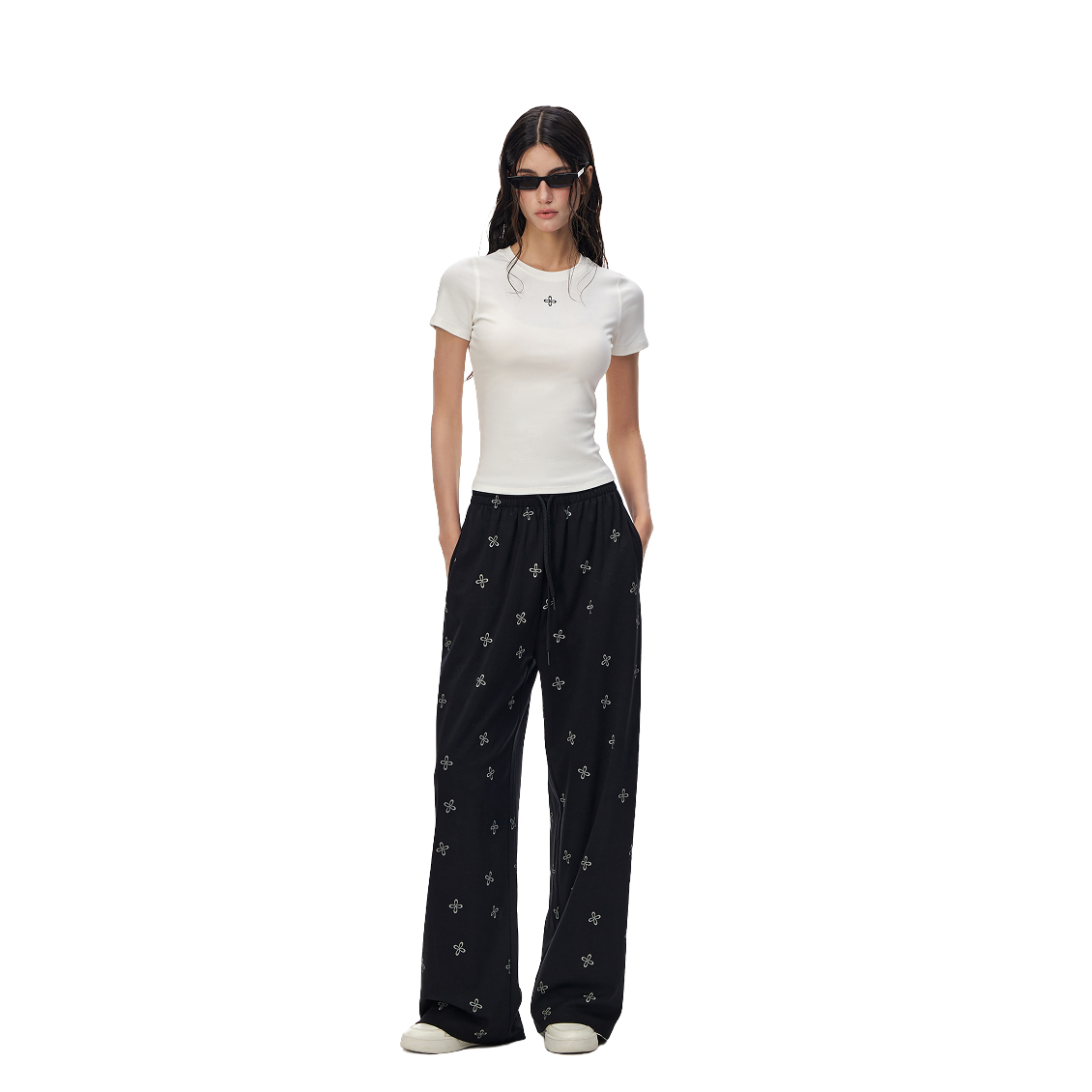 Black Lazy Cross-Patterned Casual Pants