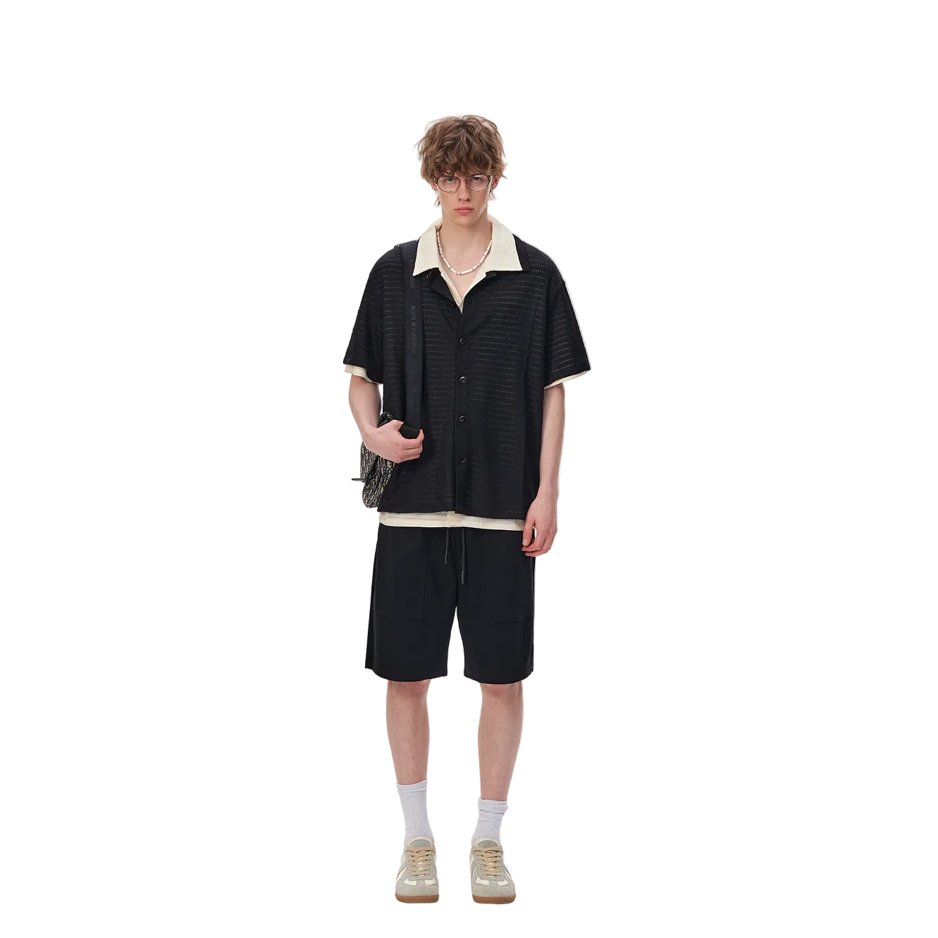 Black Embossed Striped Short-Sleeve Shirt