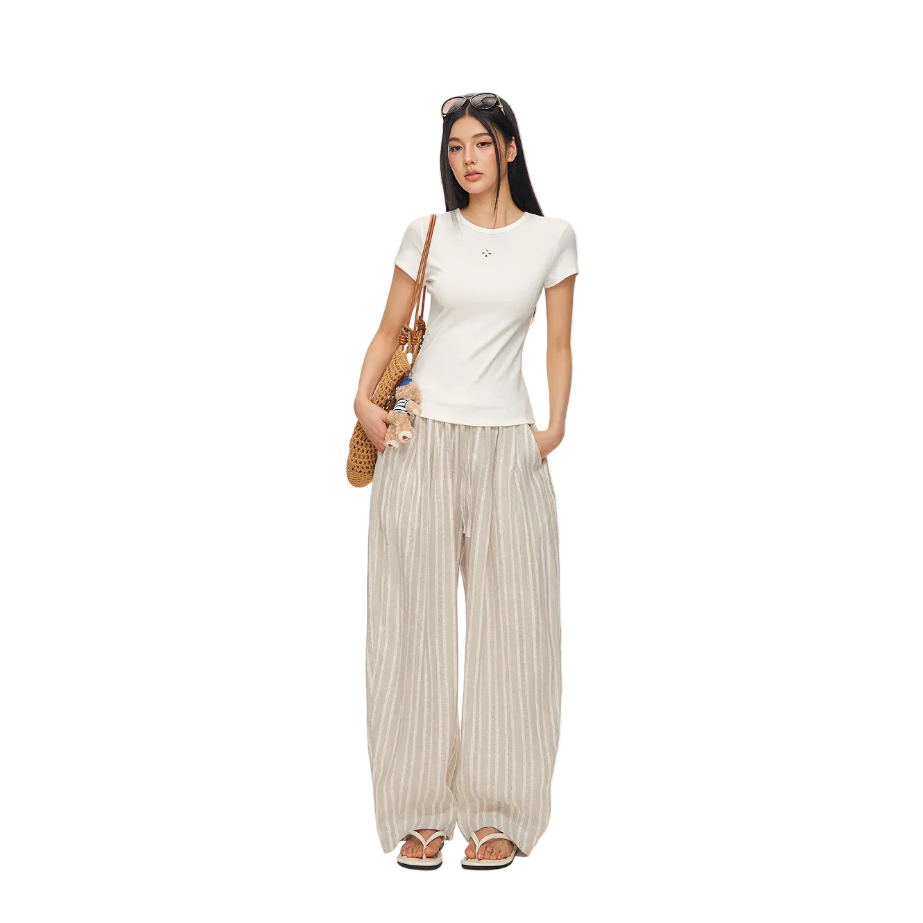 White Hollow-out Cross Embroidery Slim Fit Short Sleeve