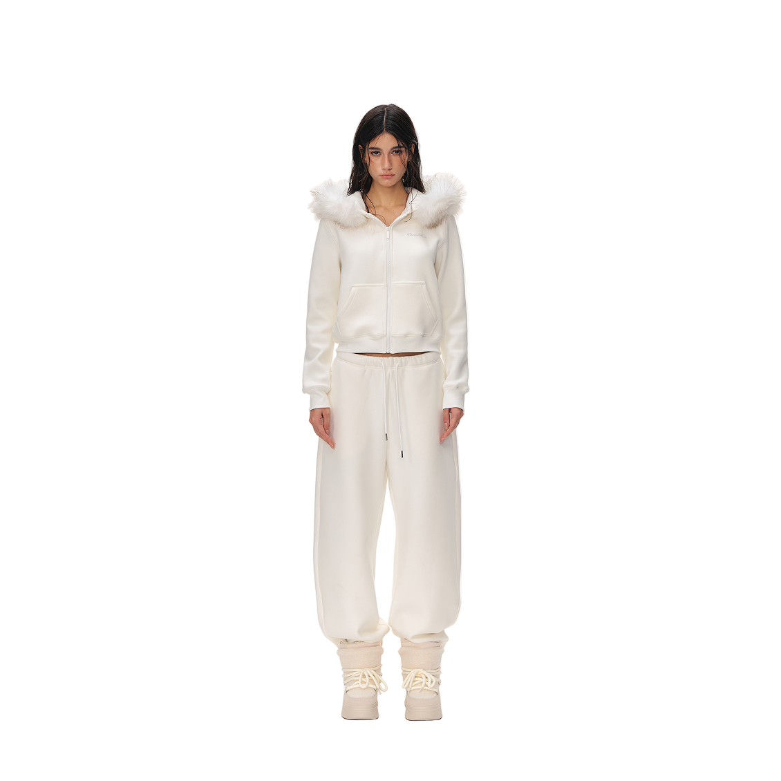 White Double-Sided Fleece Hooded Jacket with Detachable Fur Collar
