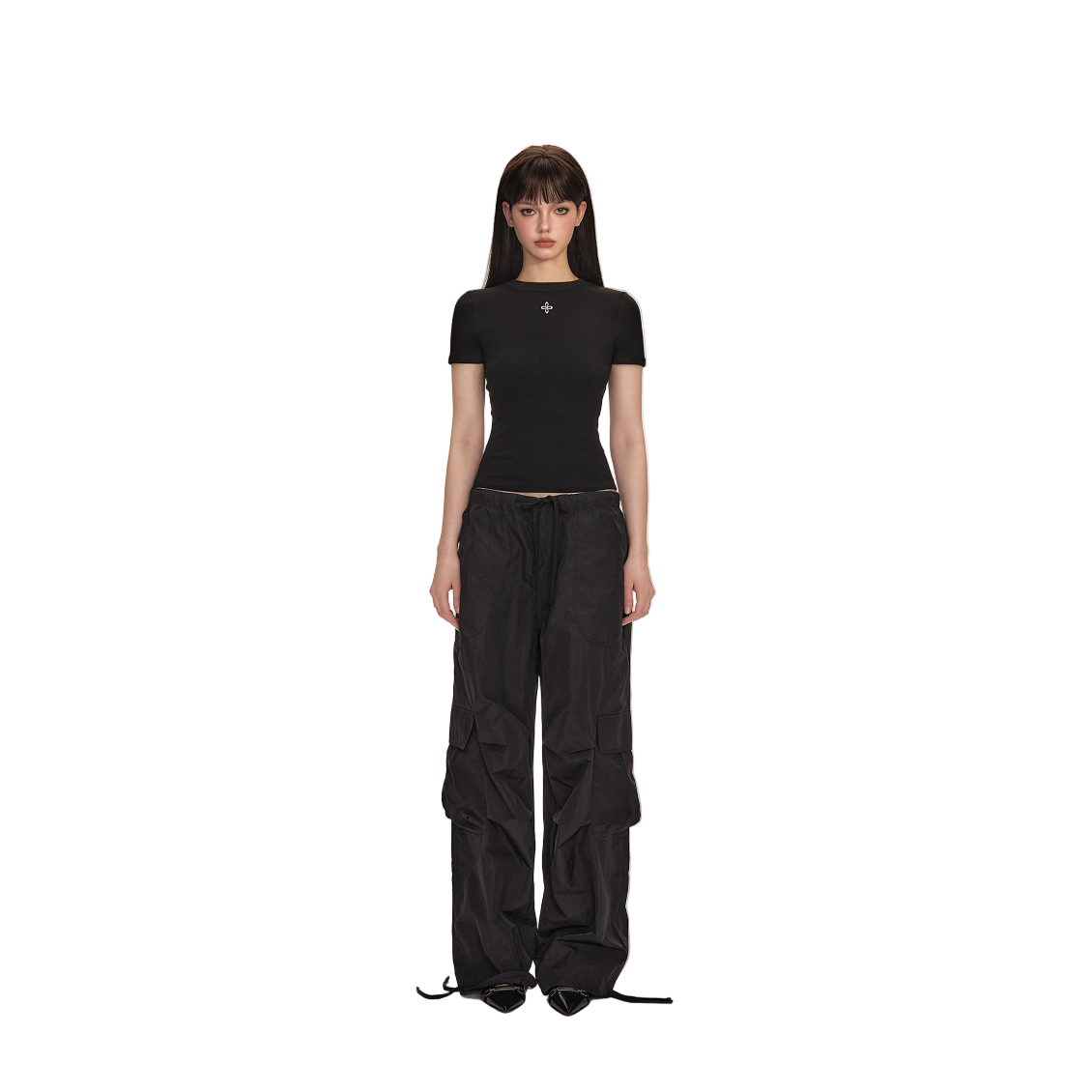 Black Cross-Flower Basic All-Match Hourglass Waist Short-Sleeved T-Shirt
