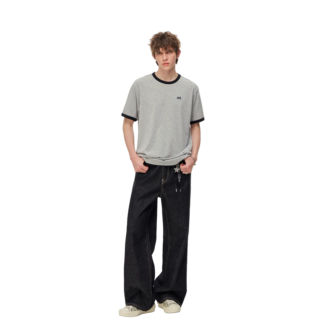 Grey Lyocell Color-Blocked Embroidered Short-Sleeve