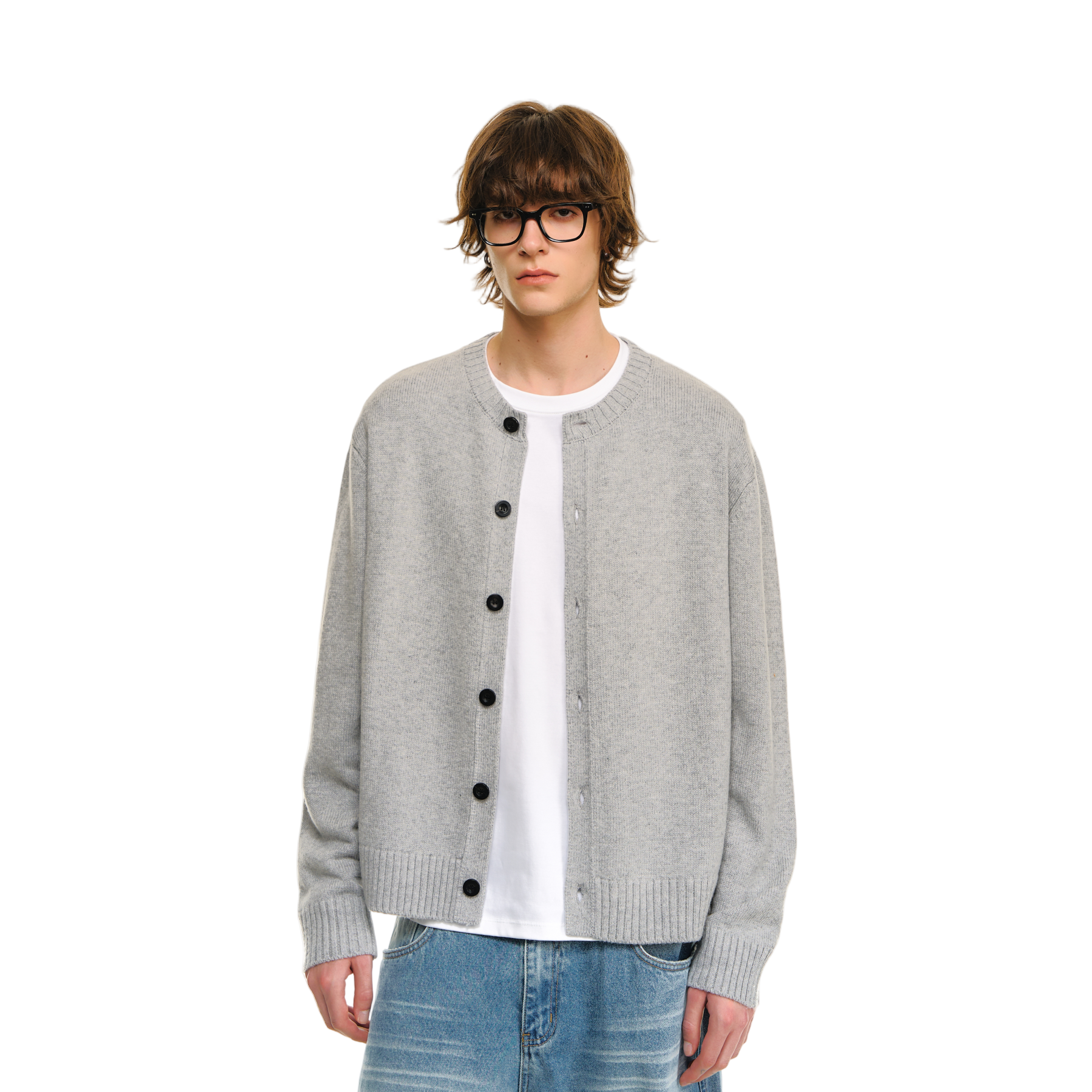 Gray Sheep Wool Blend Classic Crew Neck Long Sleeve Cardigan