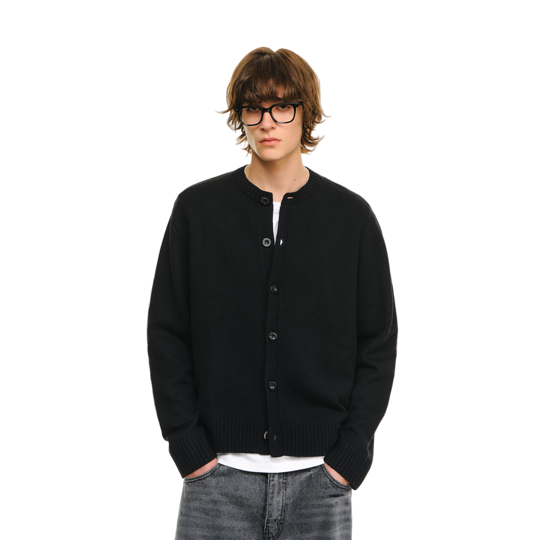 Black Sheep Wool Blend Classic Crew Neck Long Sleeve Cardigan 