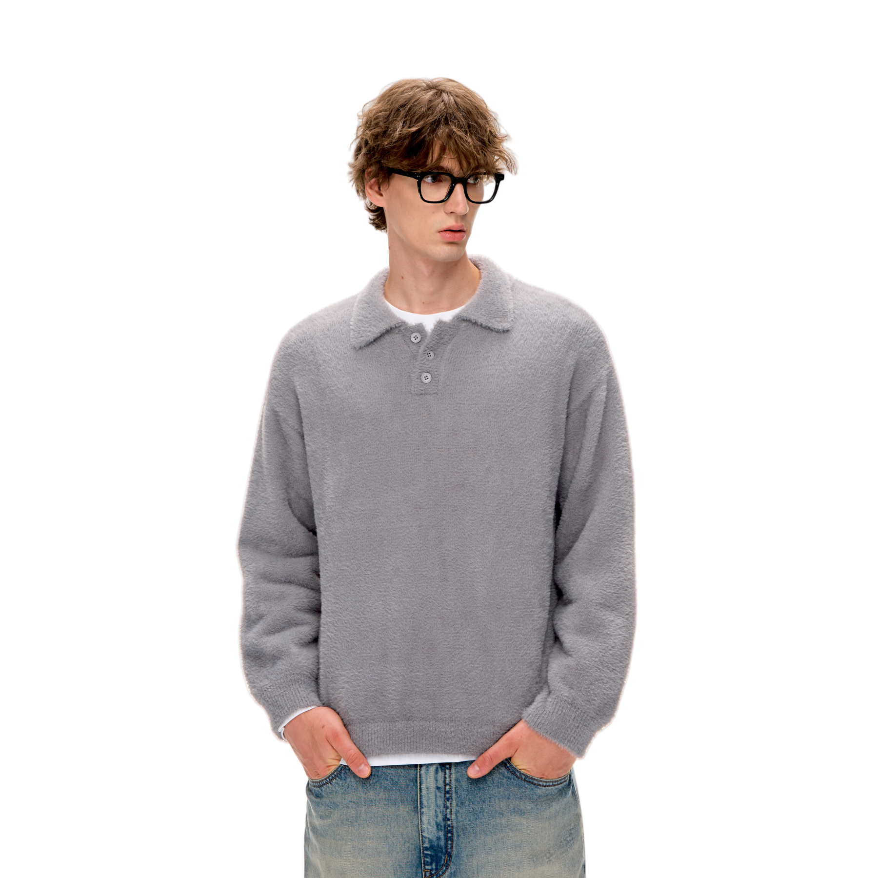 Grey Faux Mink Lapel Polo Collar Long-sleeved Sweater