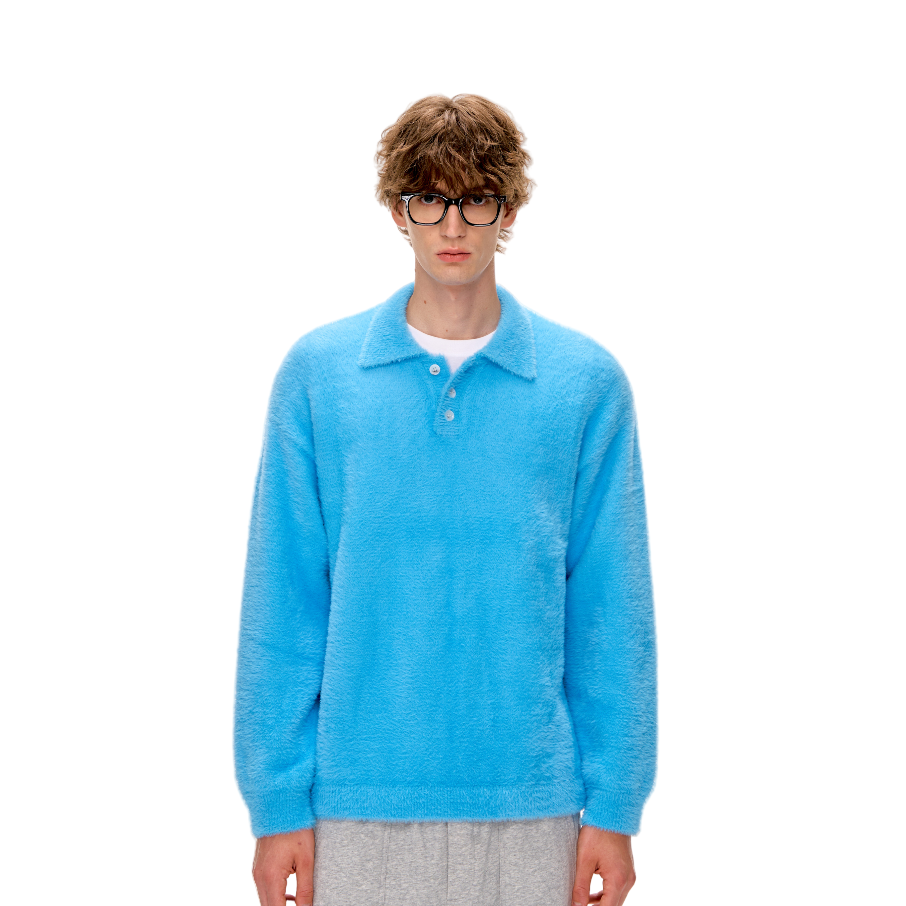 Blue Faux Mink Lapel Polo Collar Long-sleeved Sweater