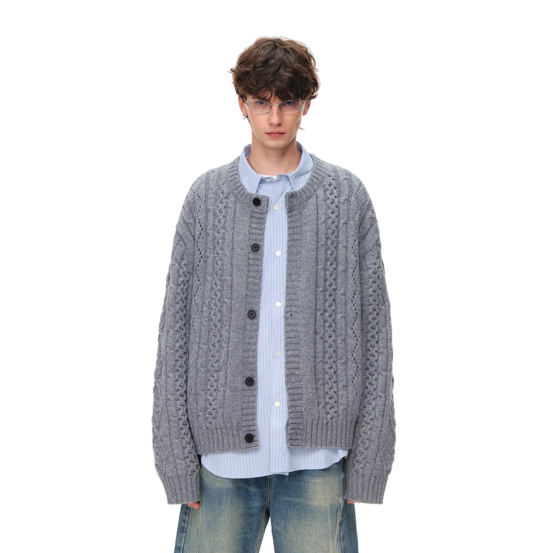 Grey Wool Blend Vintage Knit Cable Knit Sweater