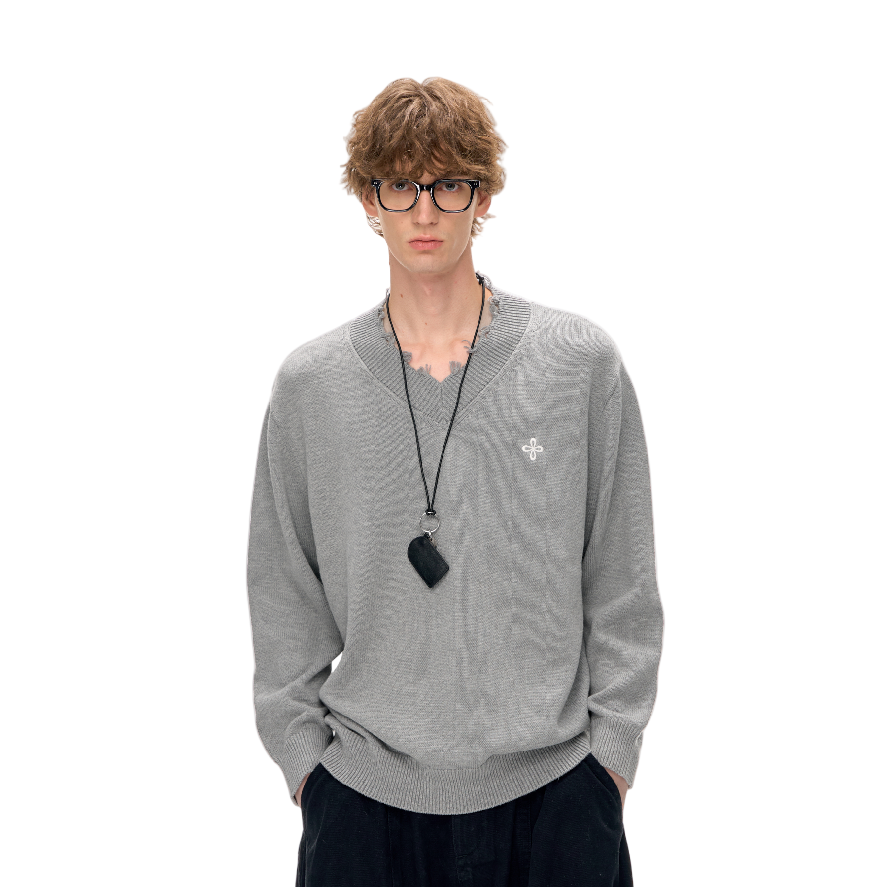 Grey Cotton Cross-stitch Embroidered Raw-Edge V-Neck Sweater