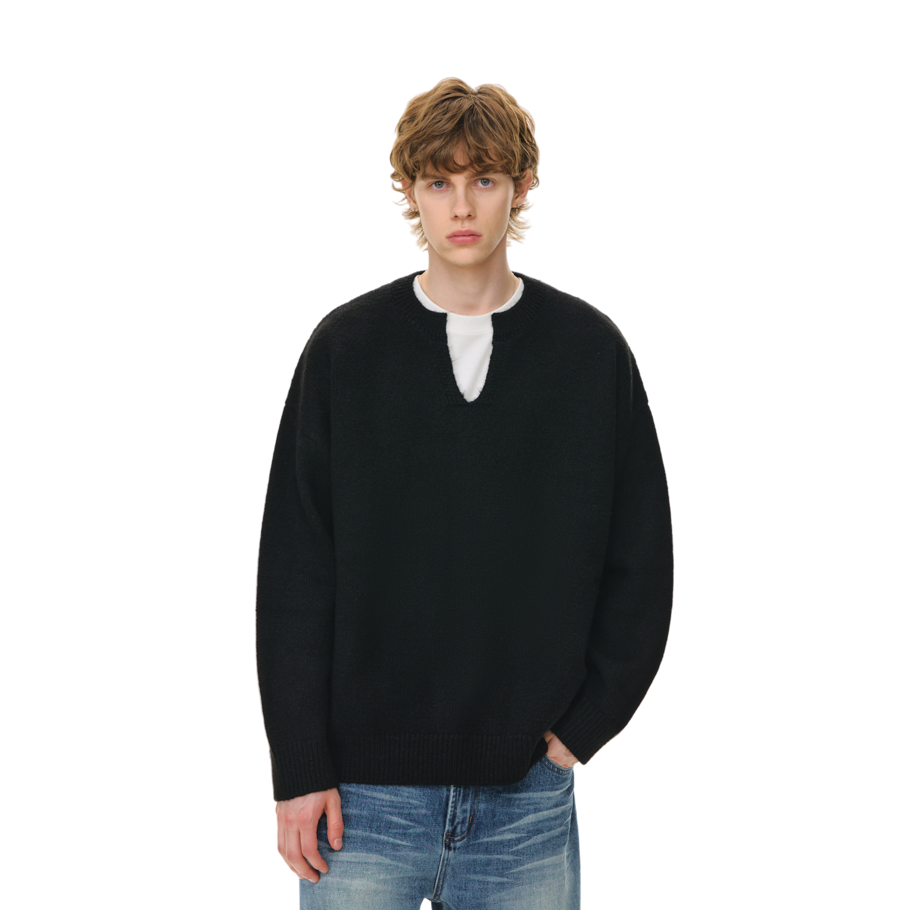 Black Simple Lazy Style V-Neck Wool Blend Sweater