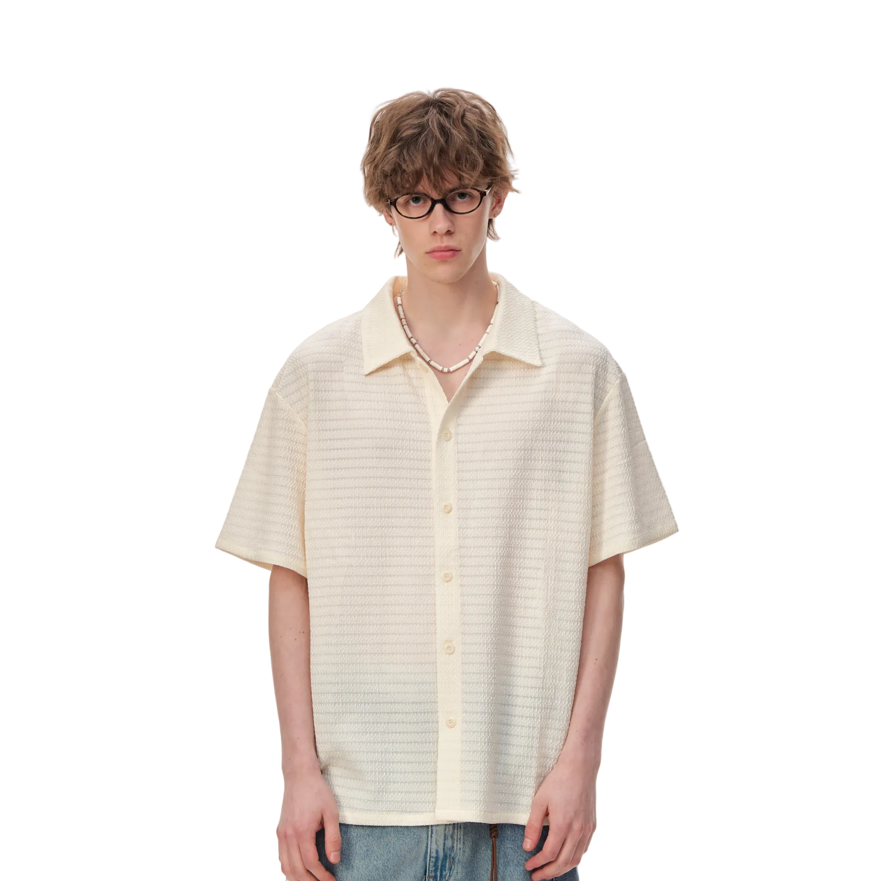 Beige Embossed Striped Short-Sleeve Shirt
