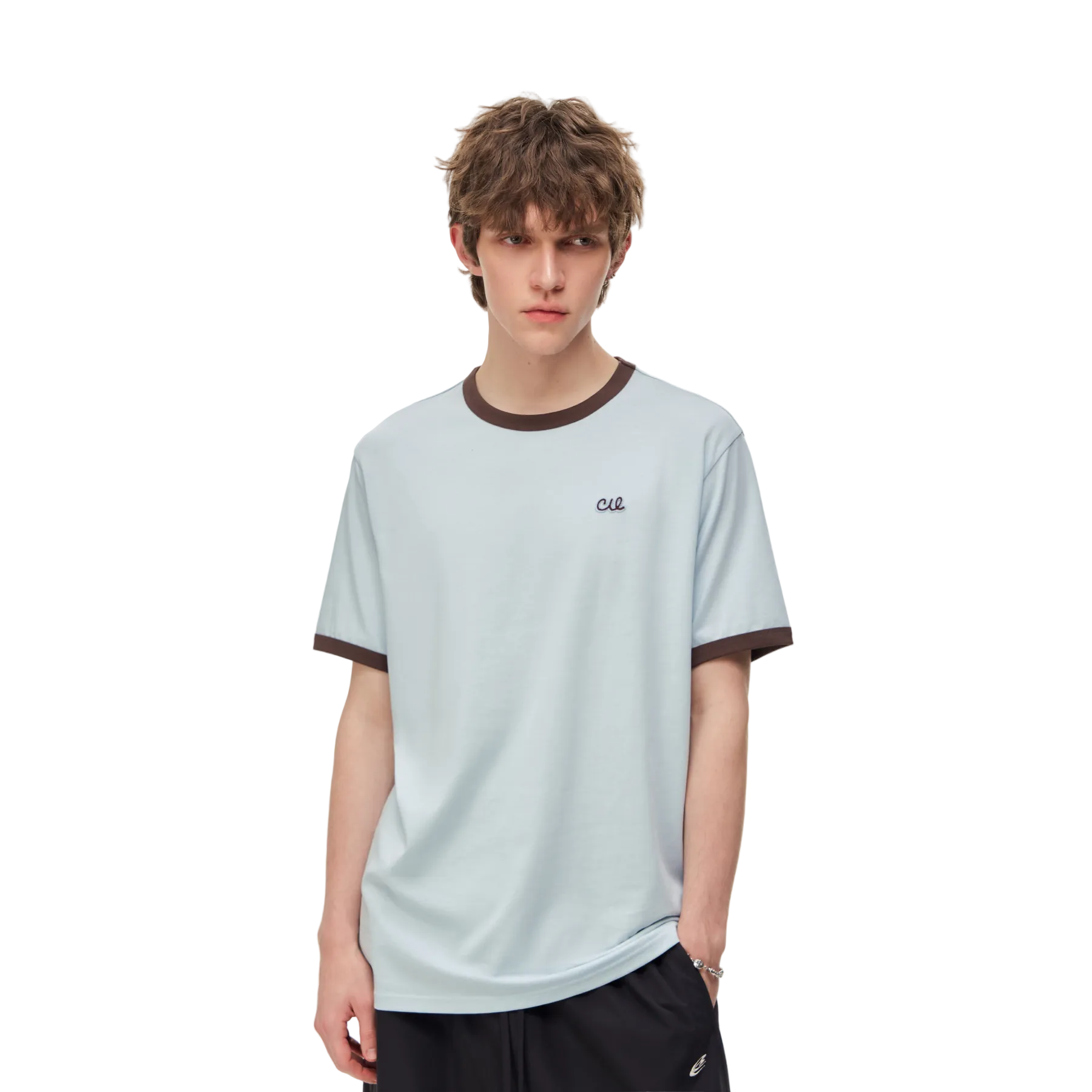 Blue Lyocell Color-Blocked Embroidered Short-Sleeve T-Shirt