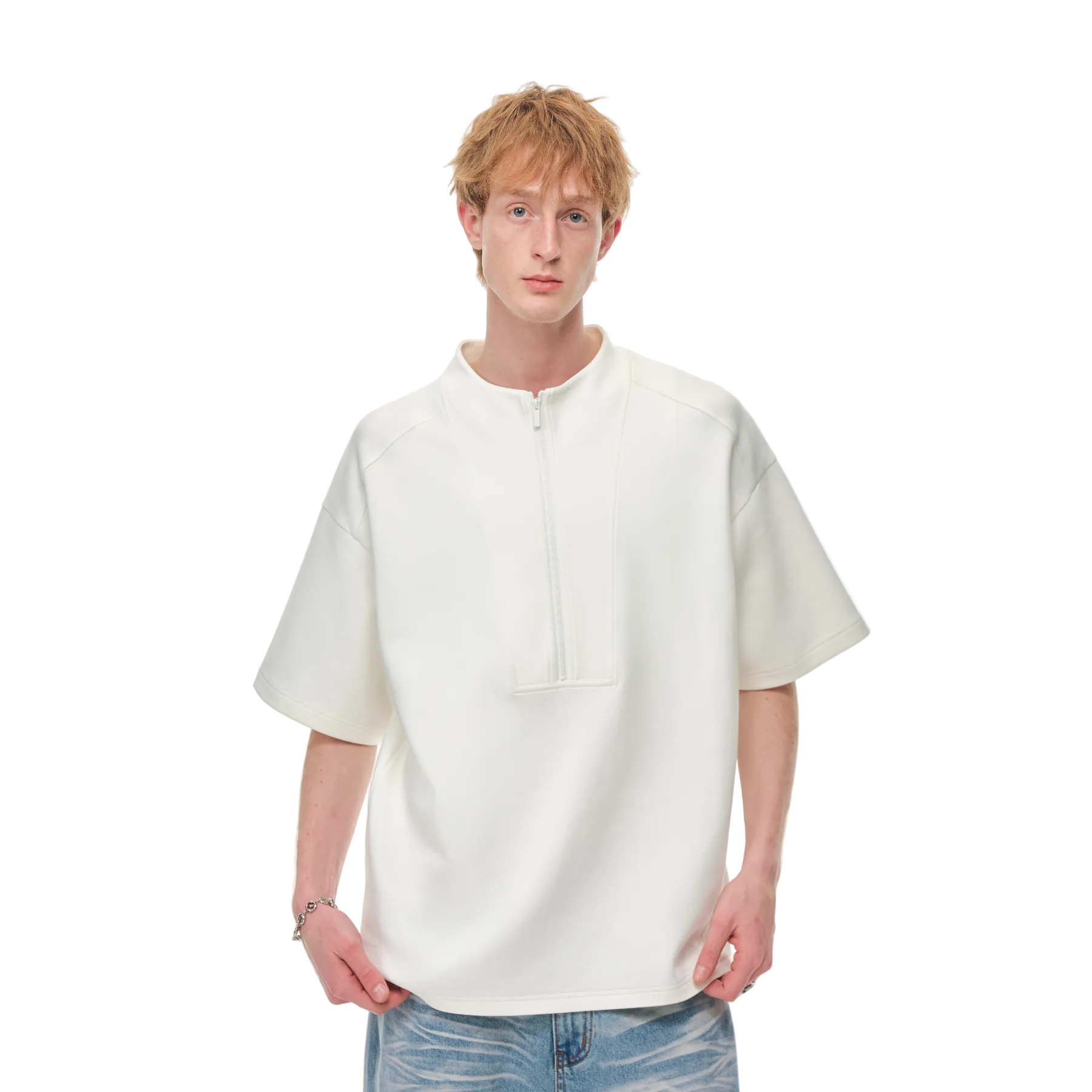 White Air Layer High Neck Zipper T-Shirt