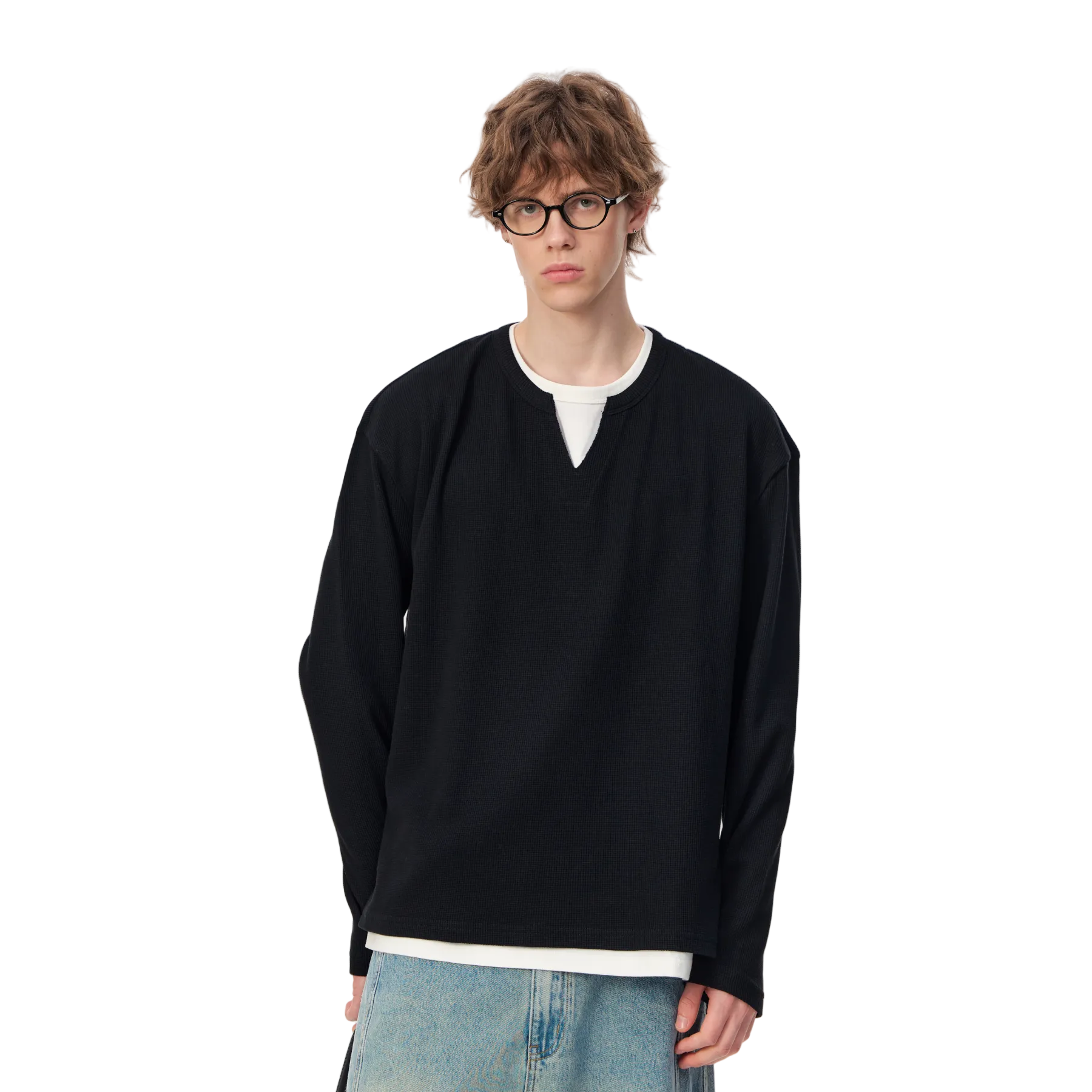 Black Waffle Knit Fake Two-Piece V-Neck Long Sleeve