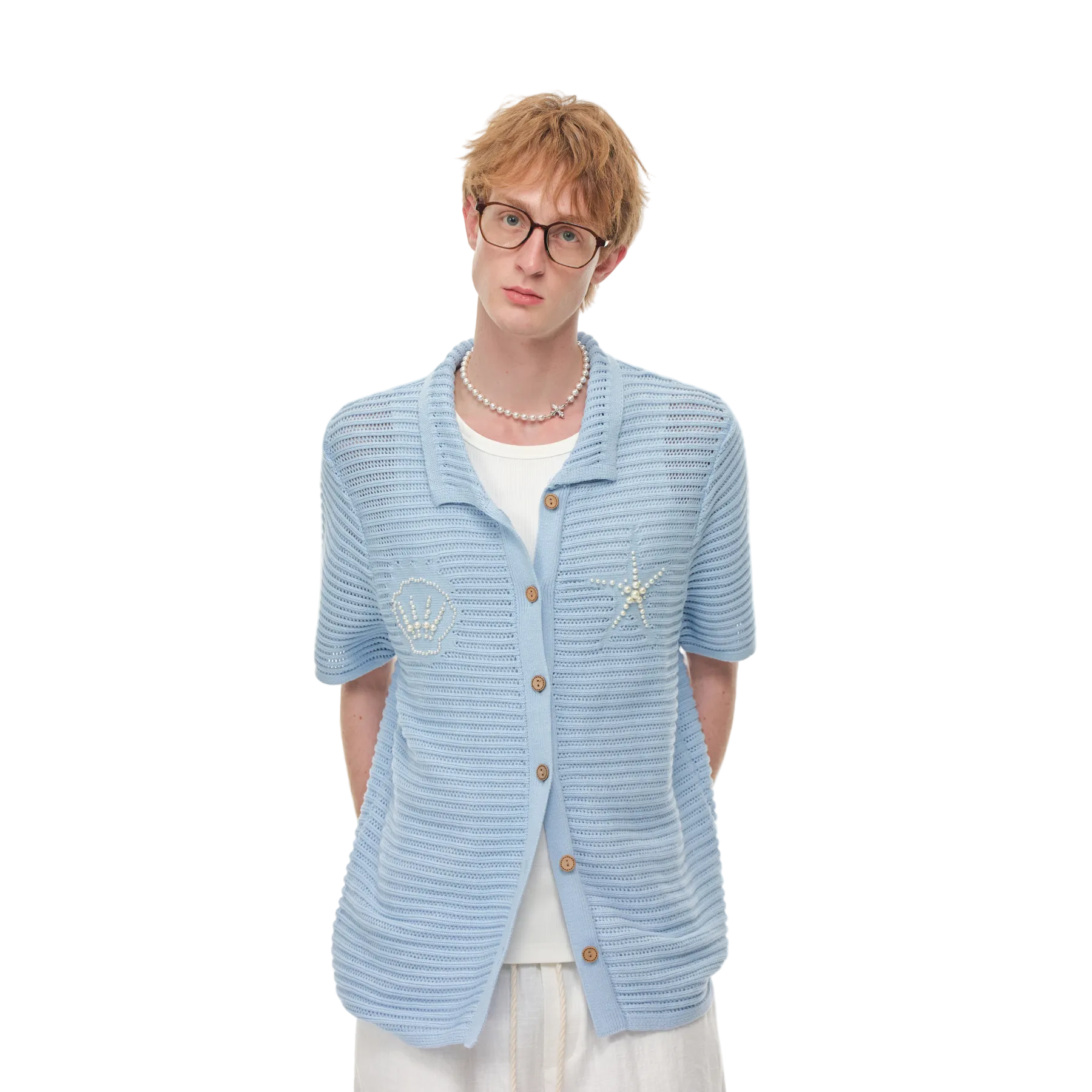 Blue Resort Seashell Beaded Hollow-Out Shirt