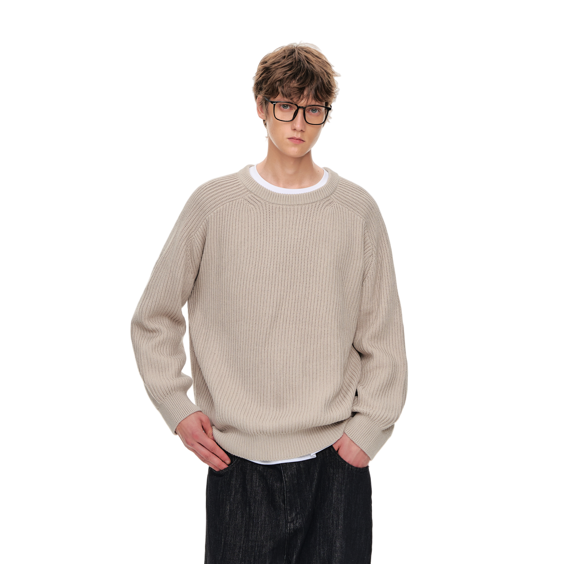 Combed Cotton Ribbed Raglan Sleeve Crew Neck Sweater In Khaki