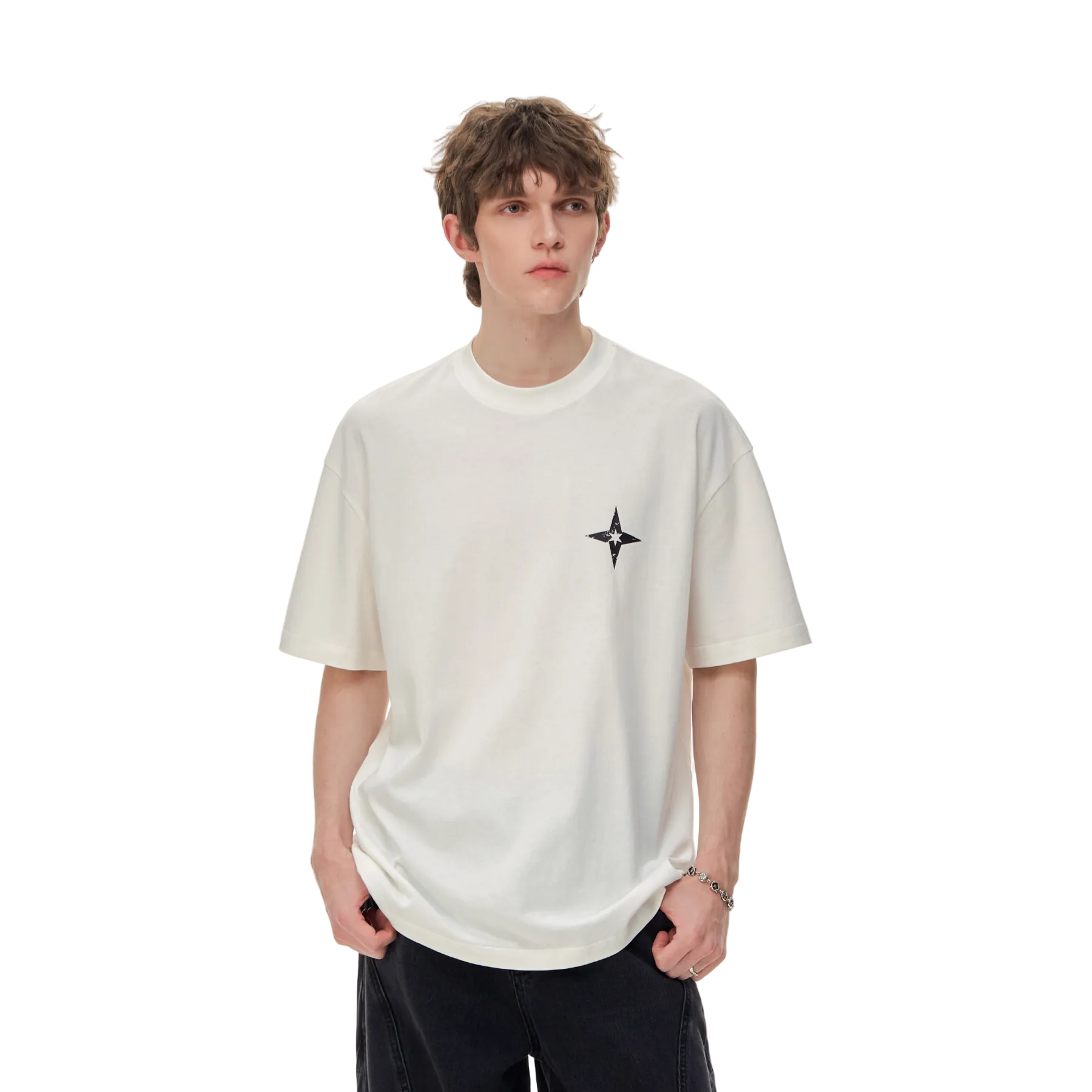 White Four-Pointed Star Print Short-Sleeve T-Shirt