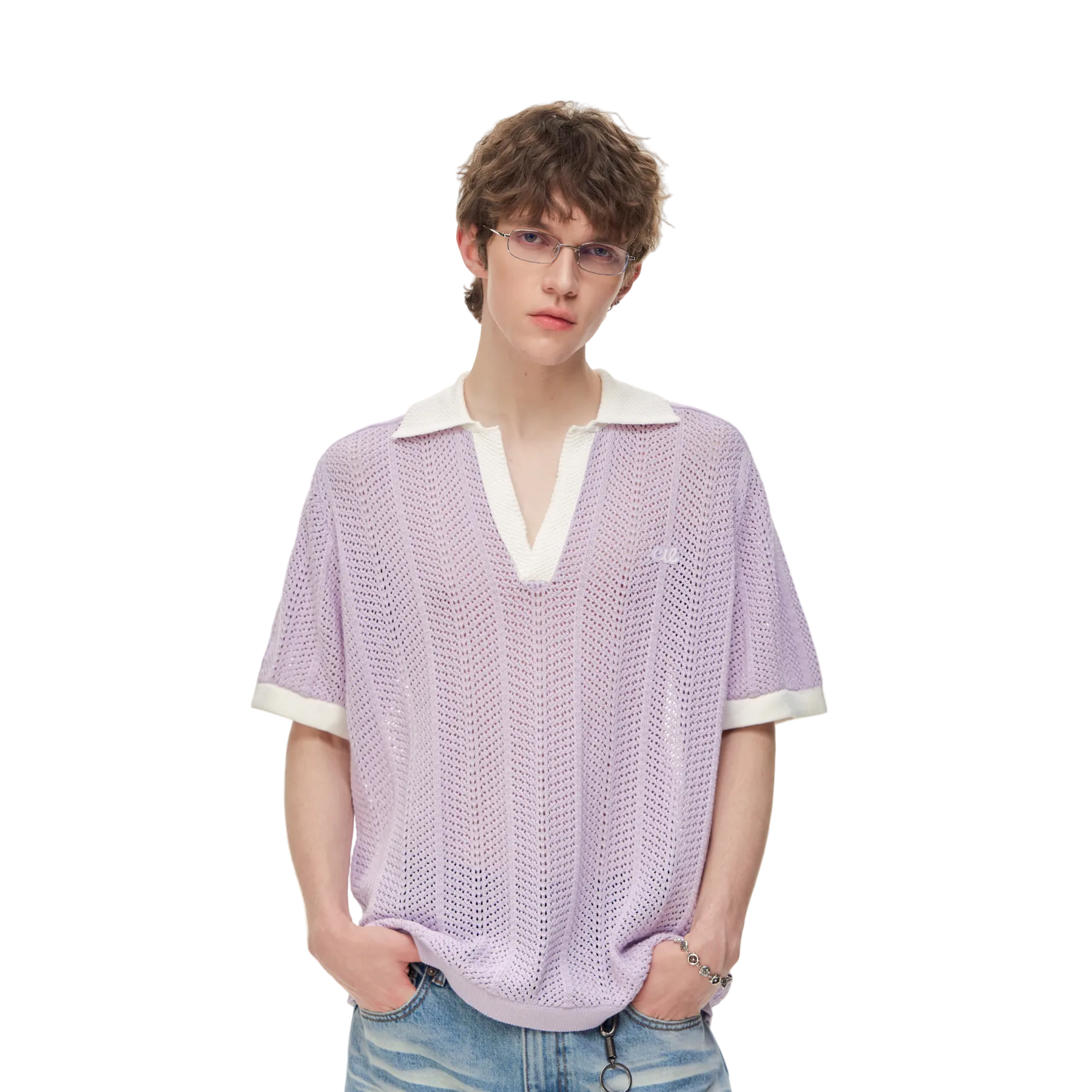Purple Color Block Polo Collar Hollow-Out Knit Short-Sleeve