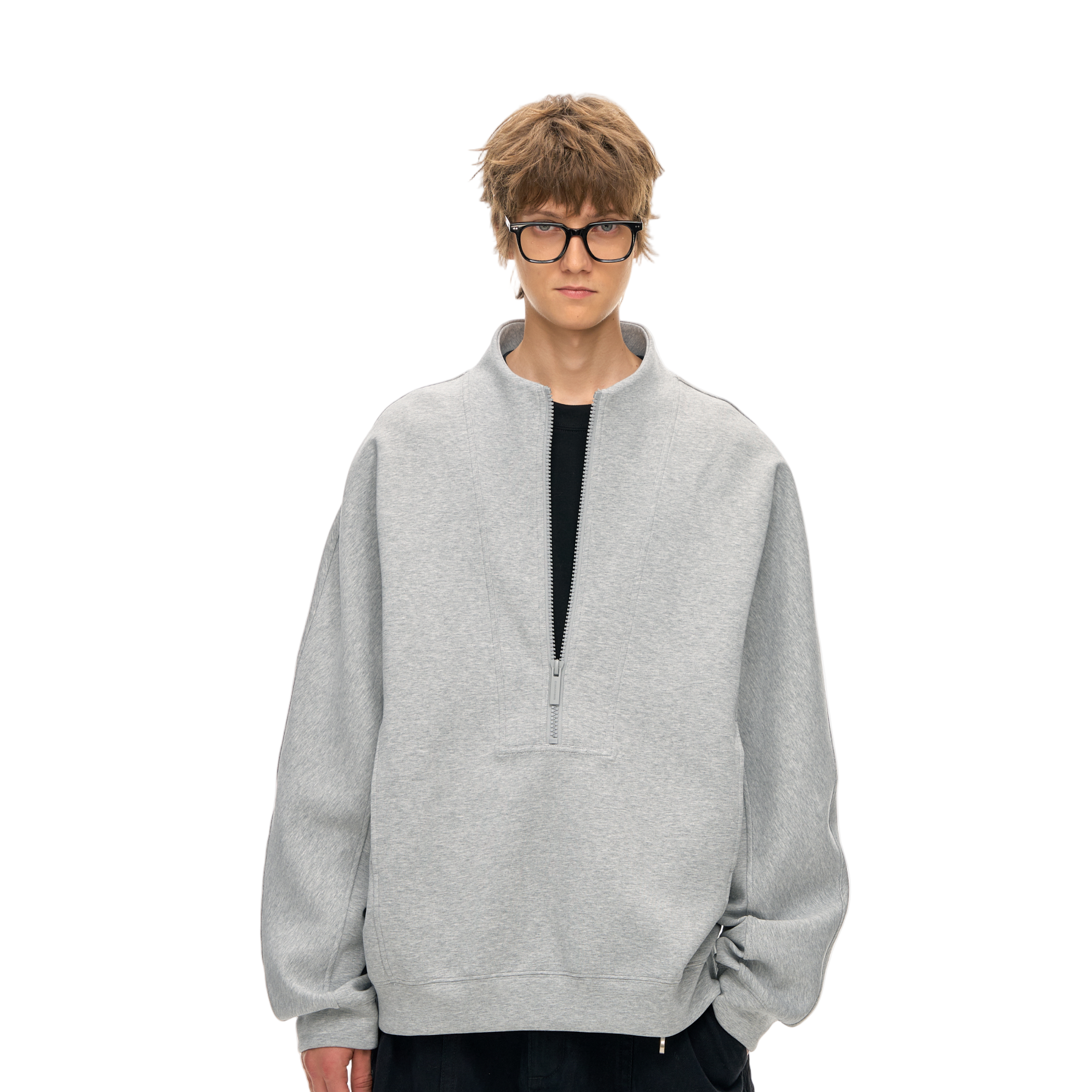 Grey Air Layer High Neck Zip-Up Casual Fleece Sweatshirt