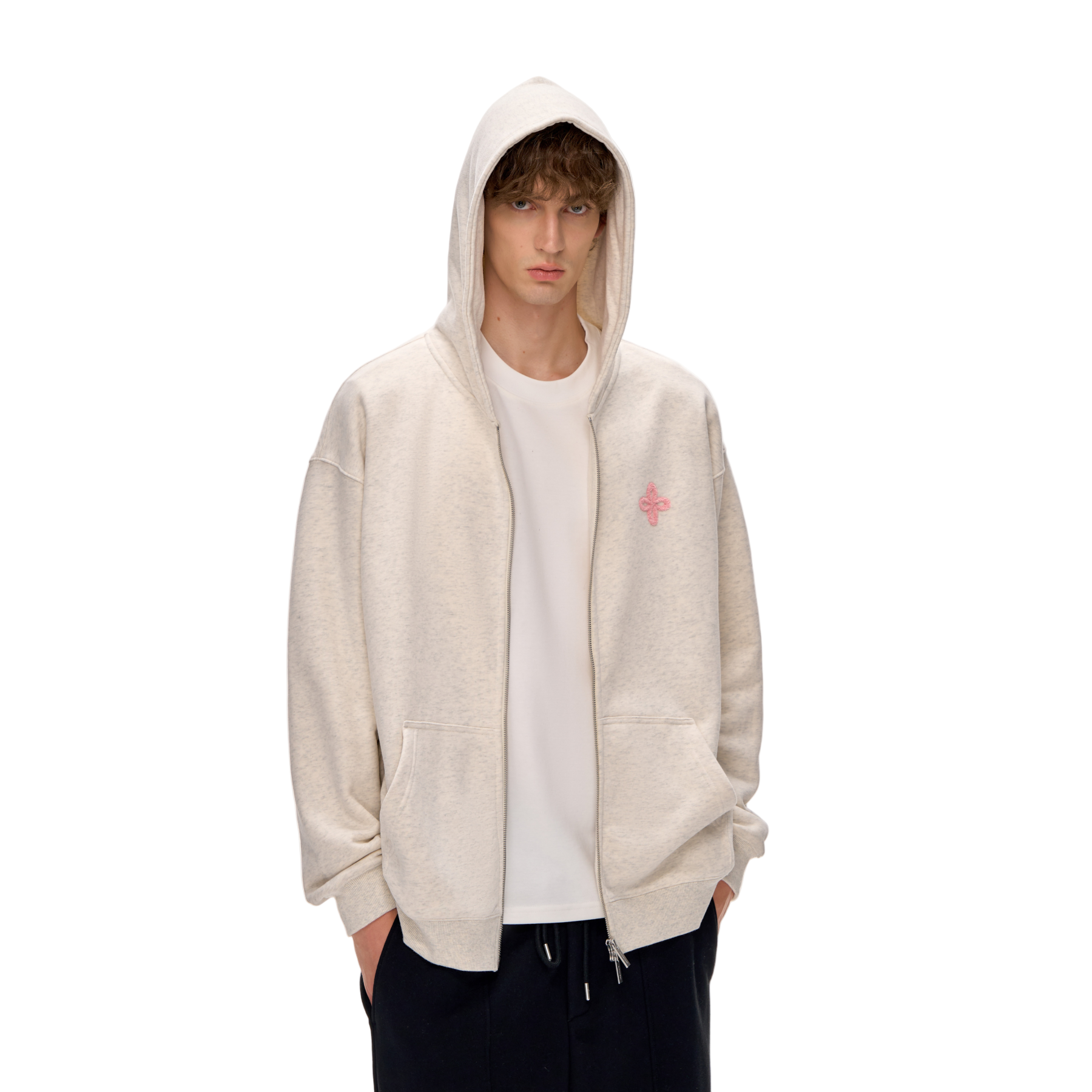 Beige Cross-Patterned Fur Zip-Up Hooded Sweatshirt