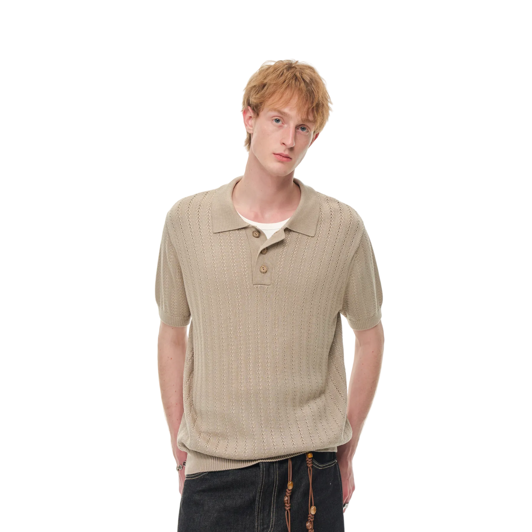 Brown Wheat-Patterned Textured Knit Polo Shirt