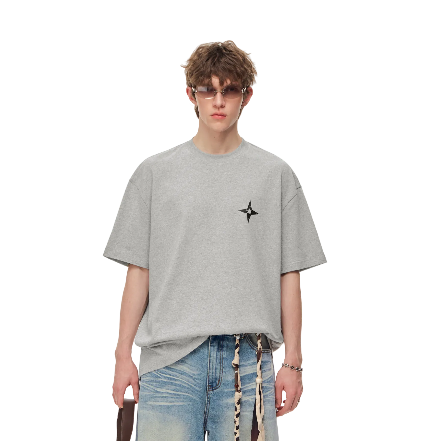 Grey Four-Pointed Star Print Short-Sleeve T-Shirt