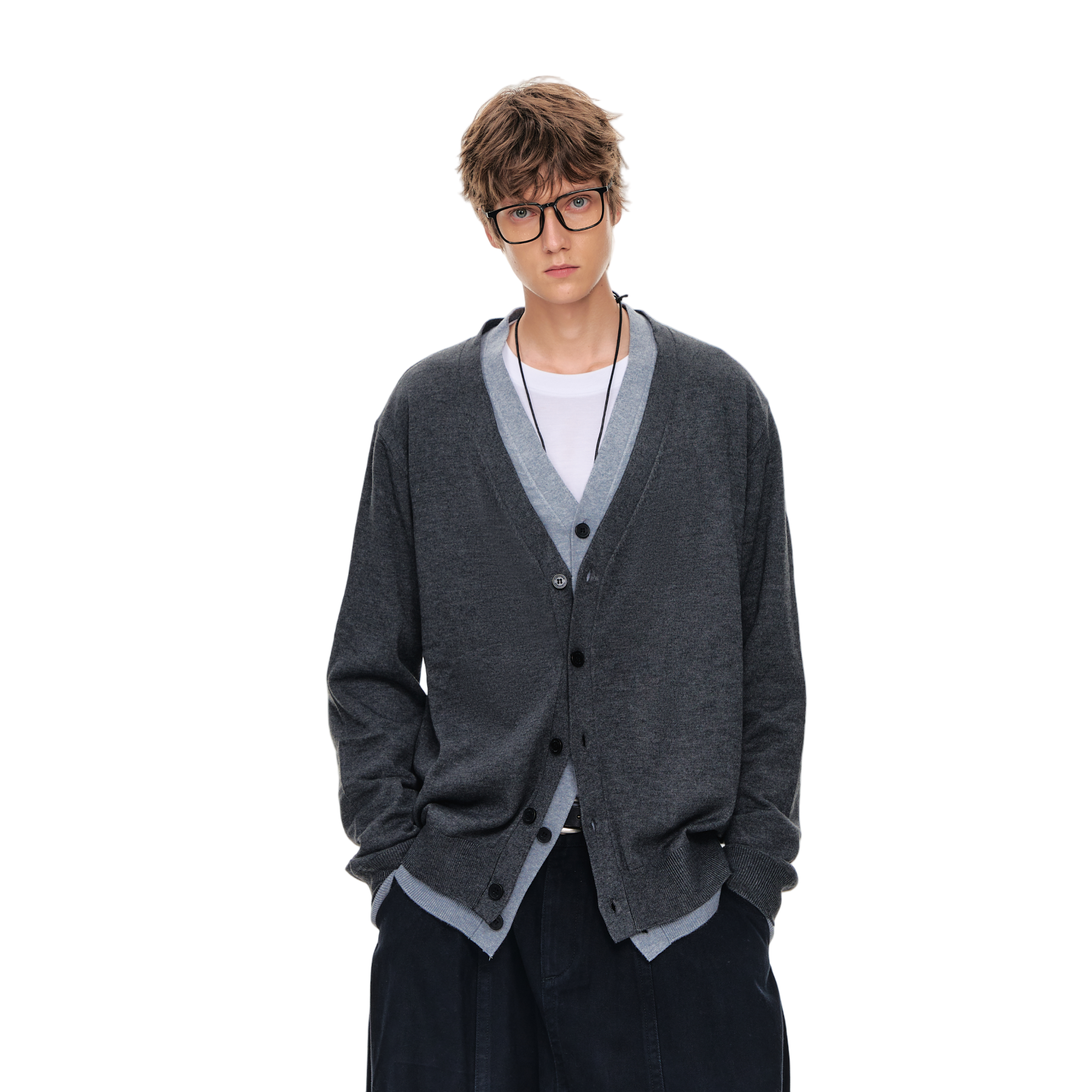 Wool Blend Fake Two-Piece Contrast Color V-Neck Cardigan Sweater In Gray