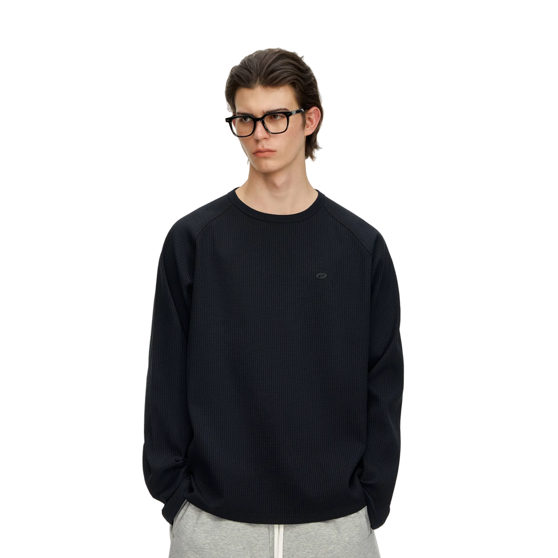 Black Waffle Knit Quick-Drying Long-Sleeve T-Shirt