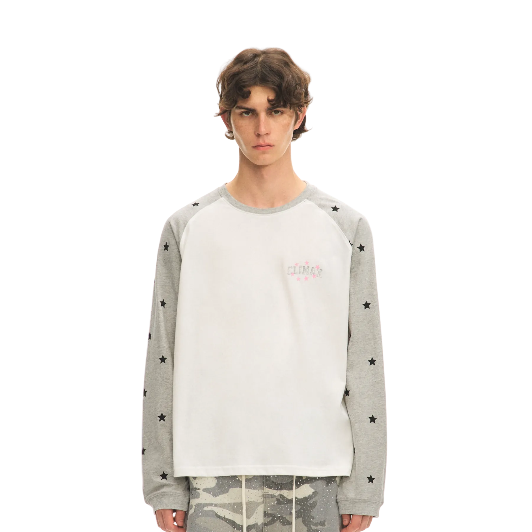 Gray and White Color Block Star Long-Sleeve T-Shirt