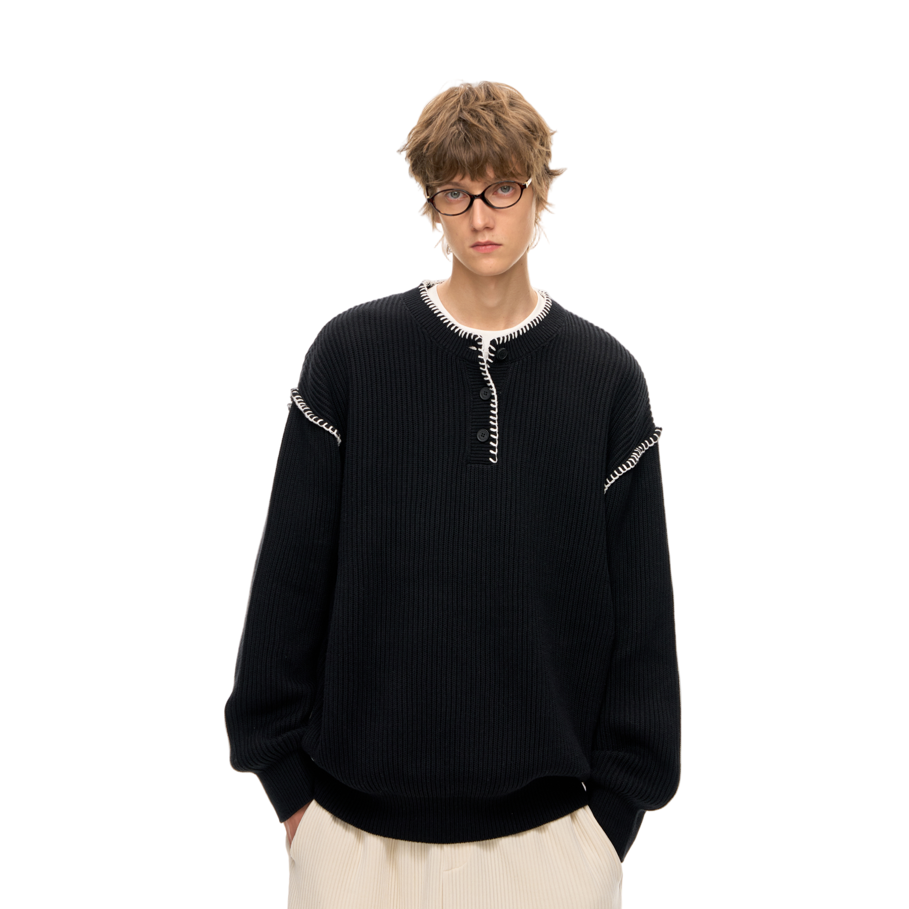 Black Color Block Henley Neckline Ribbed Knit Sweater