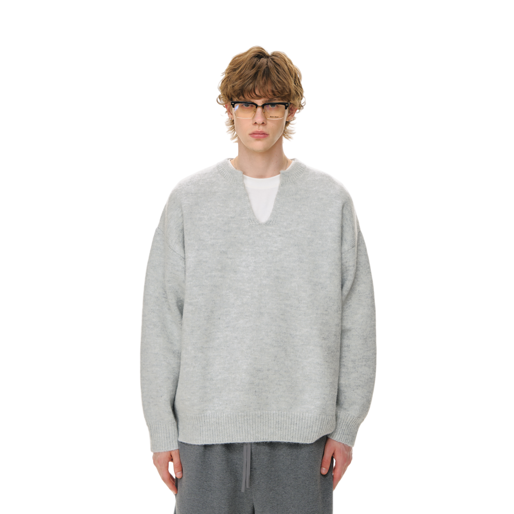 Grey Simple Lazy Style V-Neck Wool Blend Sweater