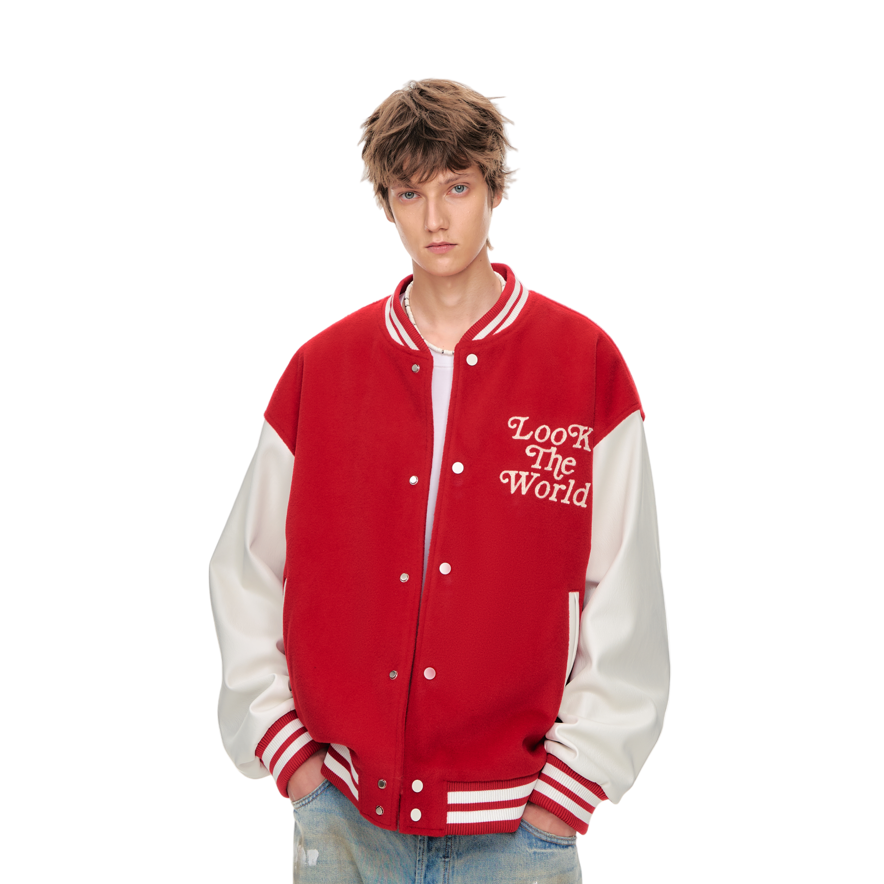 Red Pearl Beaded Embroidery Contrast Color Baseball Jacket