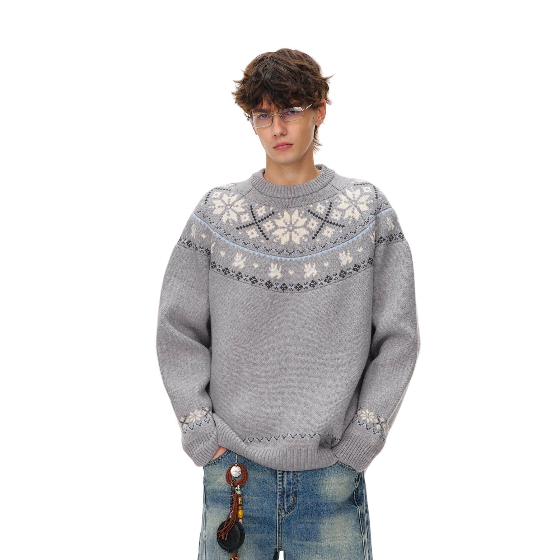 Grey Fair Isle Jacquard Crew Neck Sweater