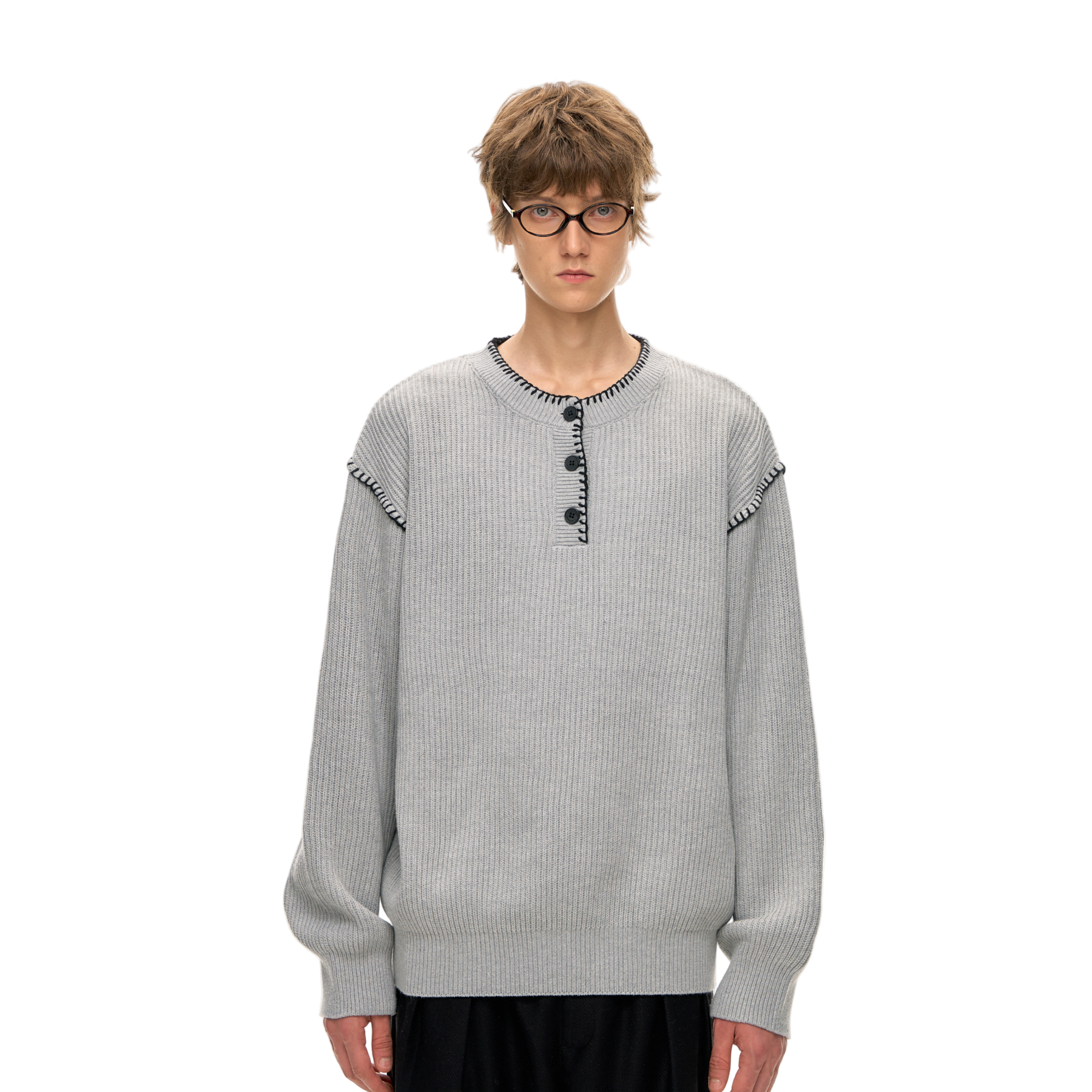 Grey Color Block Henley Neckline Ribbed Knit Sweater