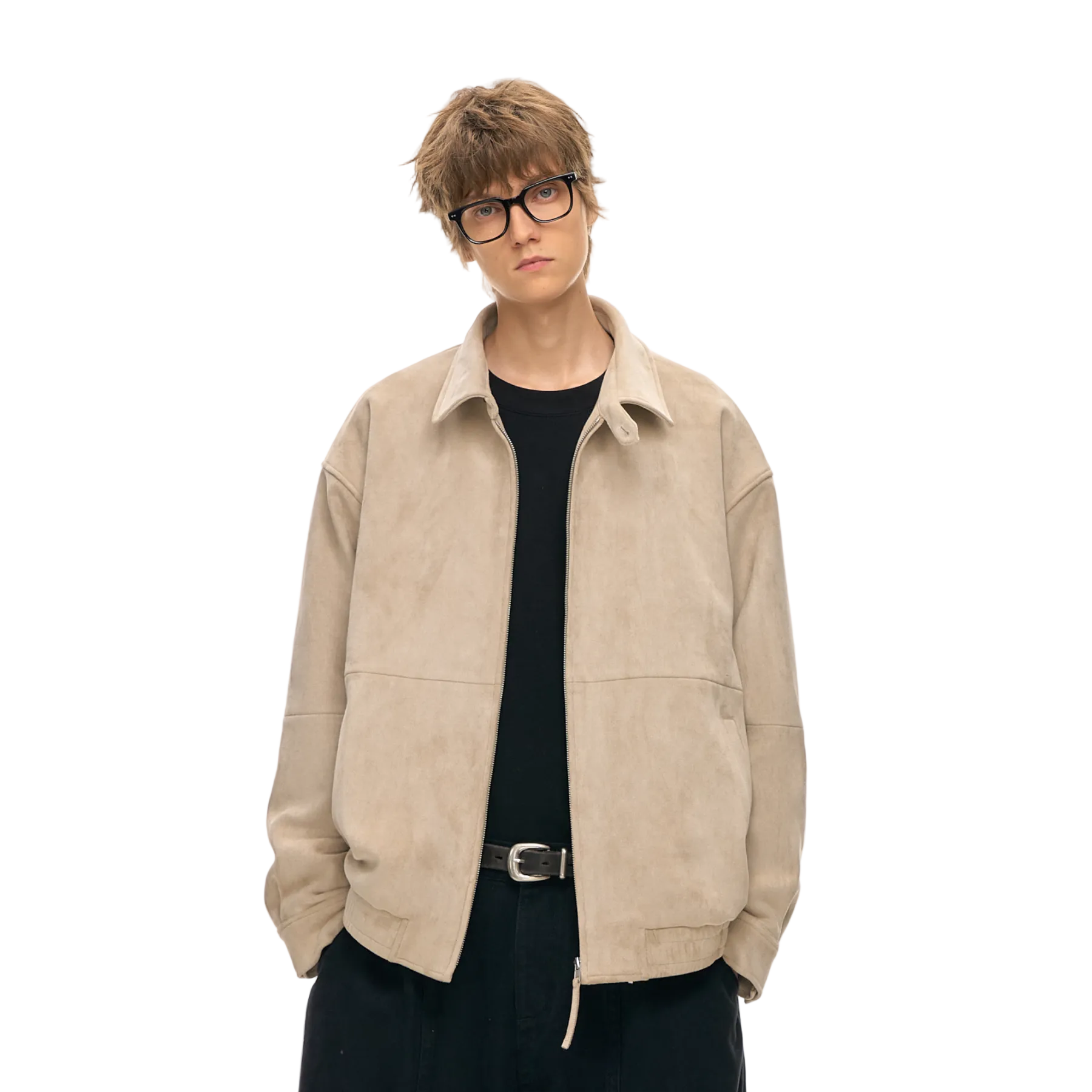 Sand-colored Faux Suede Harrington Collar Jacket