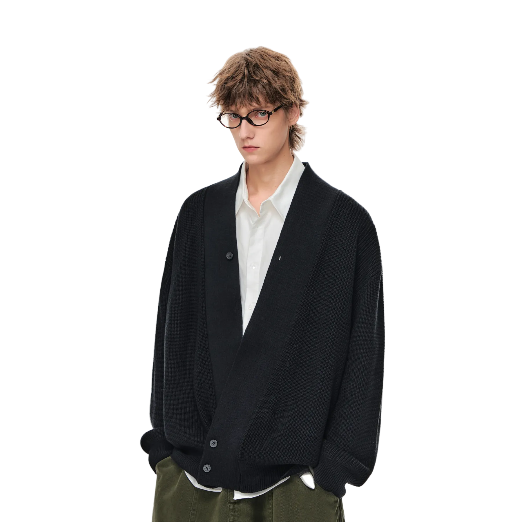 Black Diagonal Button V-Neck Cardigan Sweater Jacket