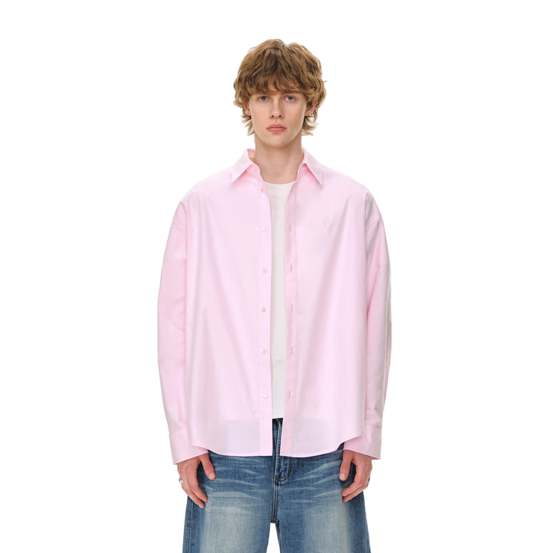 Pink Classic High Count Cotton Oxford Cross Embroidery Shirt