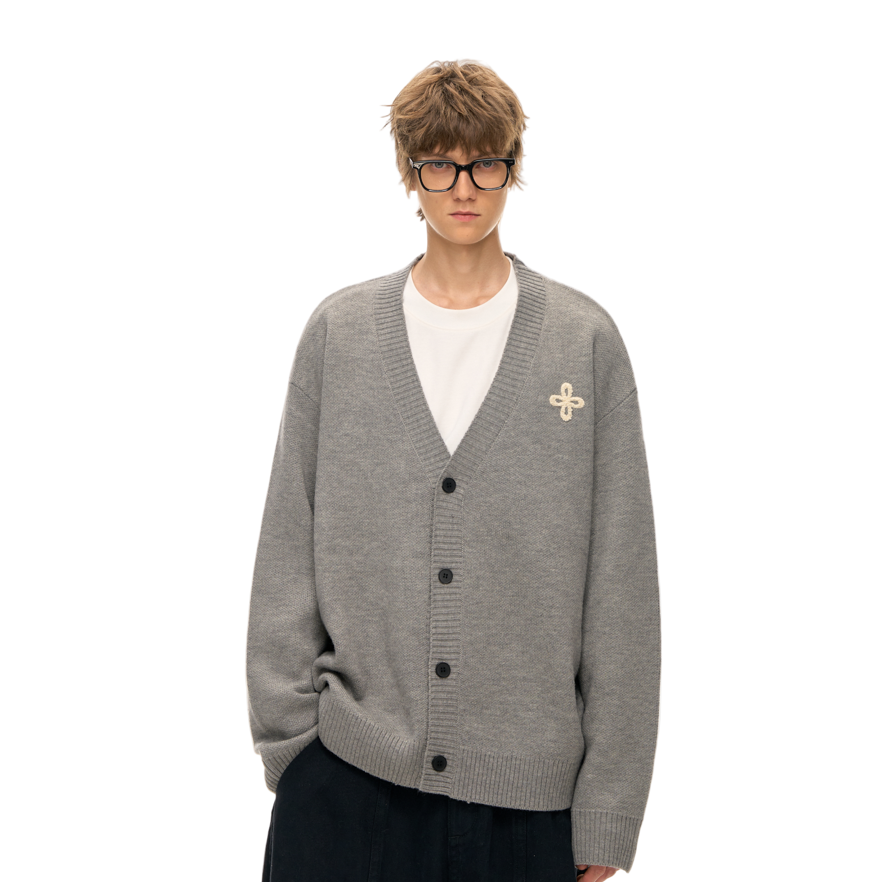 Grey Lazy Style Cross-Patterned Knit Cardigan Sweater