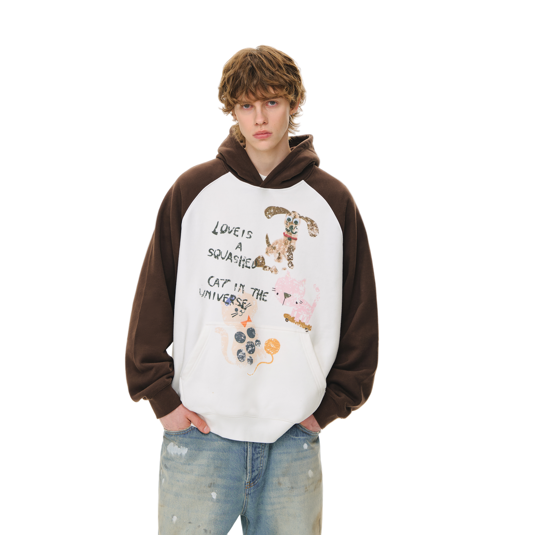 Brown Hand-painted Graffiti Print Raglan Hooded Sweatshirt