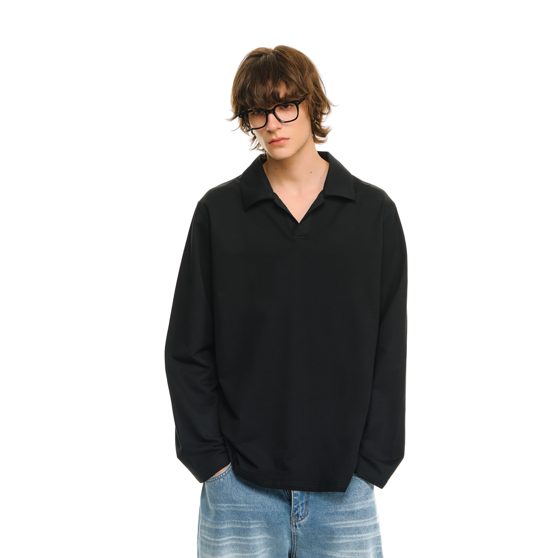 Black Cuban Shirt Collar Casual Loose Long Sleeves