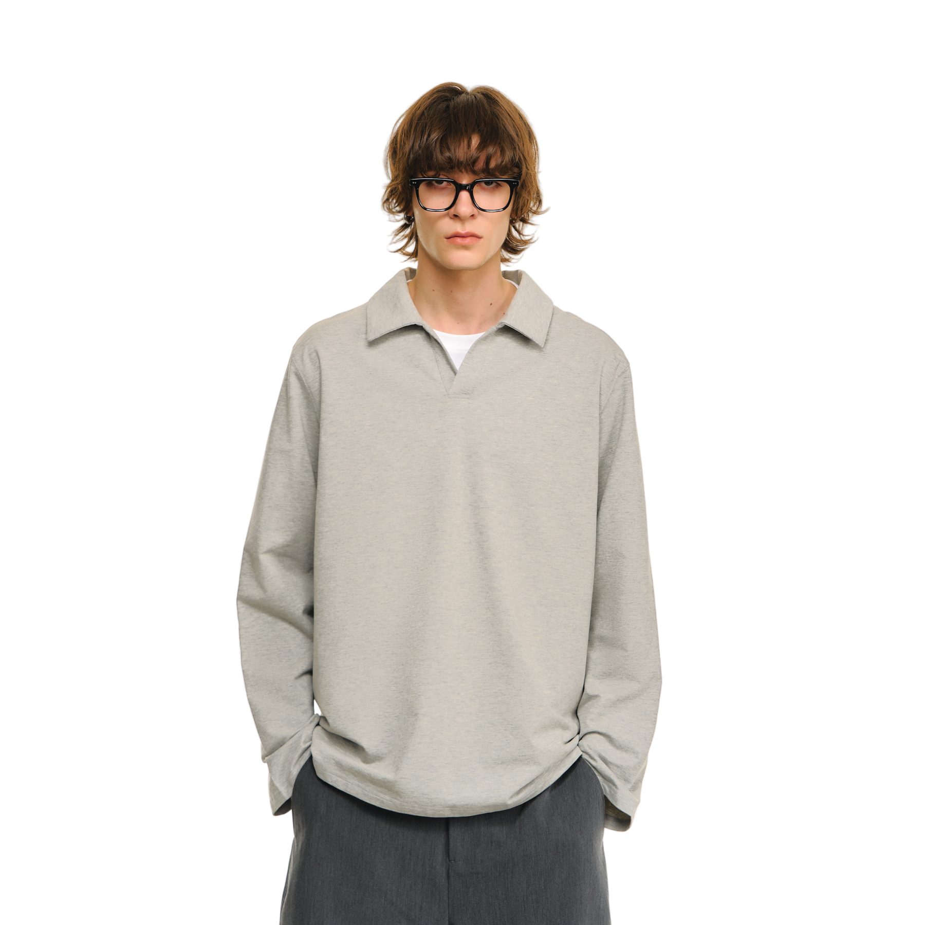 Gray Cuban Shirt Collar Casual Loose Long Sleeves