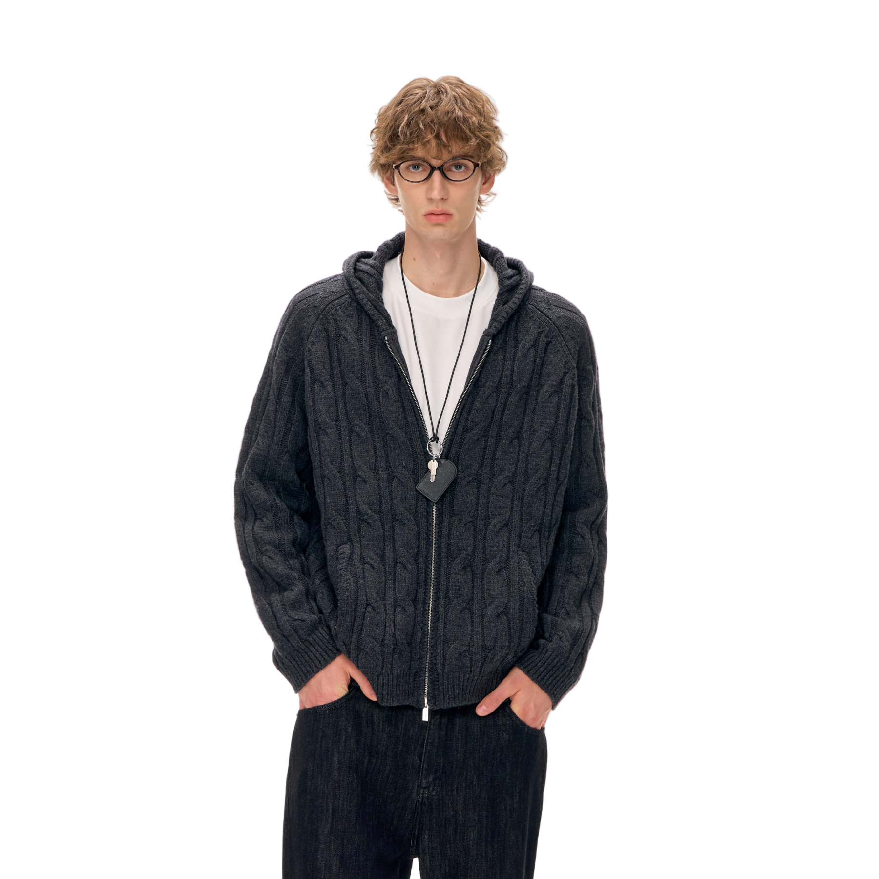 Wool Blend Cable Hooded Zip-Up Cardigan In Black