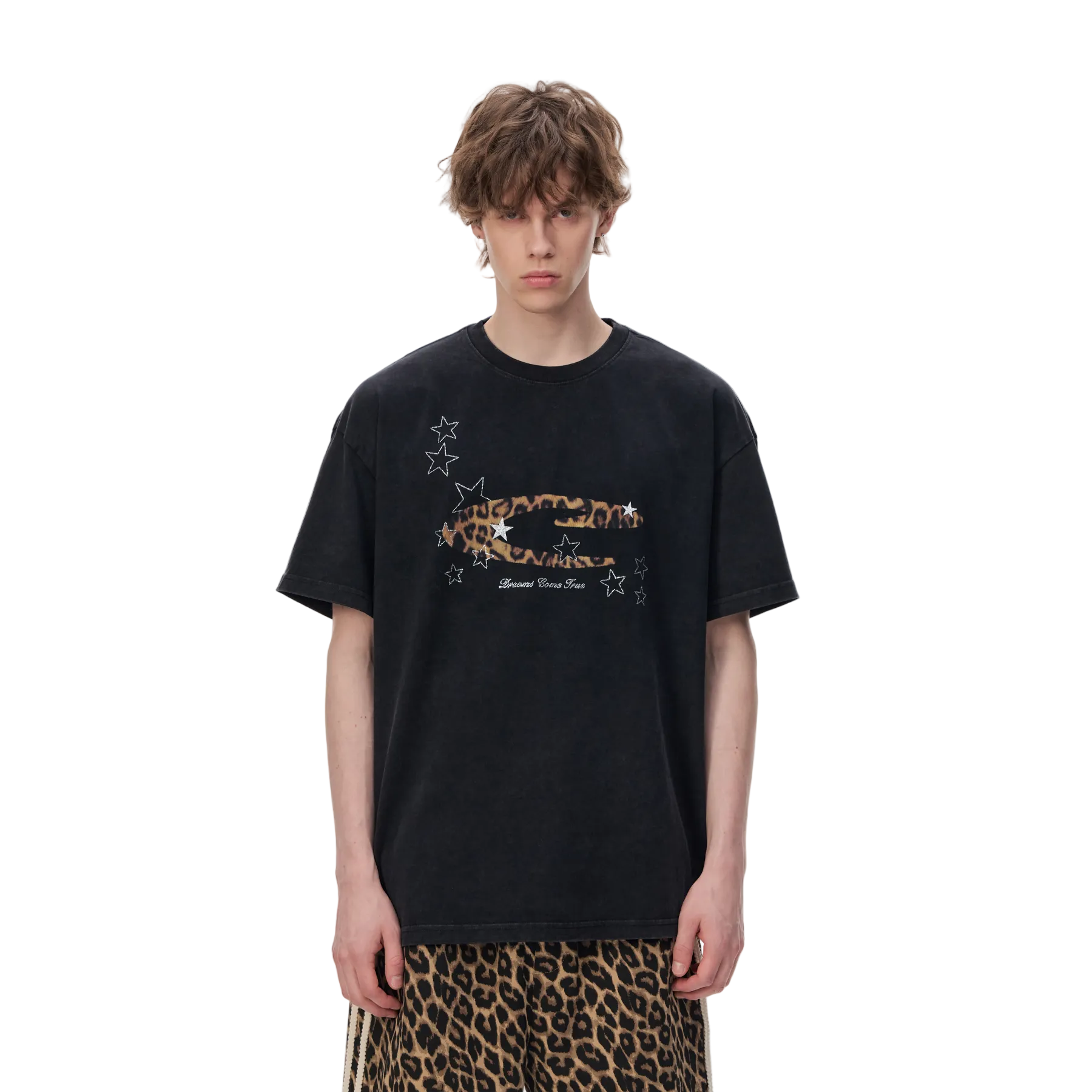 Black Leopard Print Star Rhinestone Letter Short-Sleeve T-Shirt