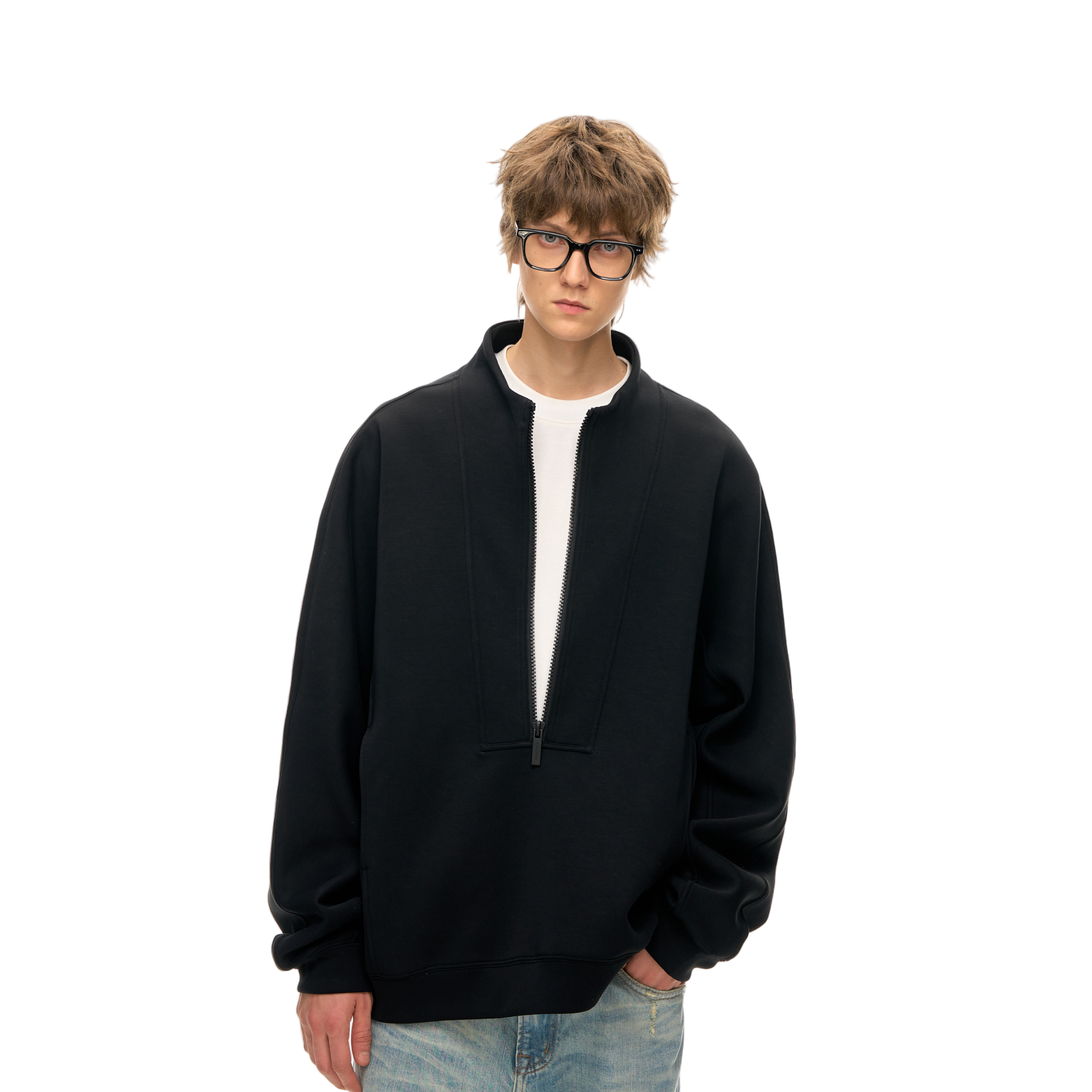 Black Air Layer High Neck Zipper Casual Fleece Sweatshirt