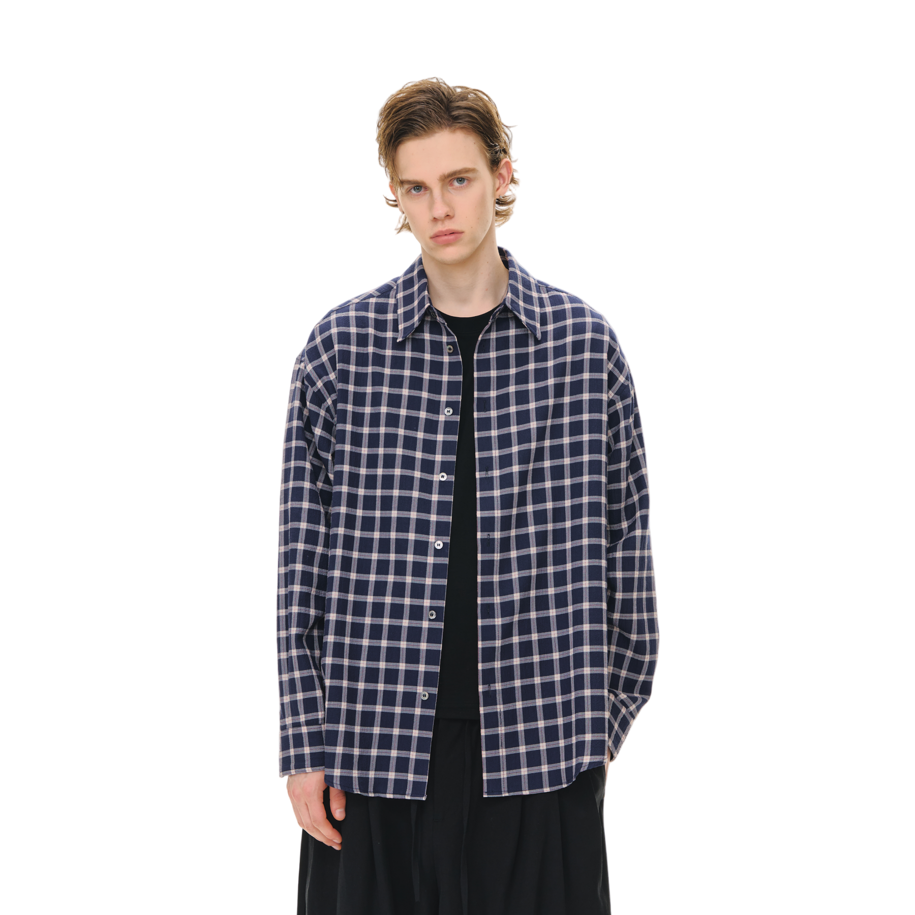 Blue Seersucker Yarn-dyed Plaid Loose Long-sleeved Shirt