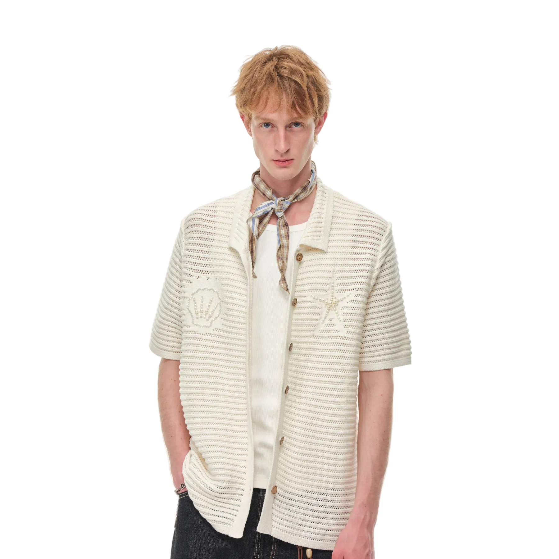 Beige Resort Seashell Beaded Hollow-Out Shirt