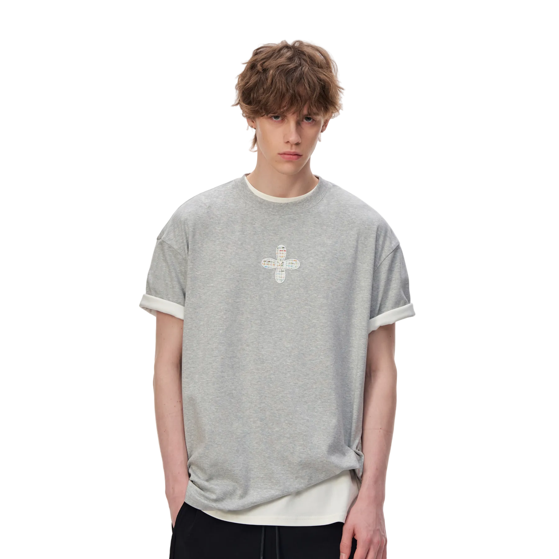 Grey Chanel-Style Cross Embroidery T-Shirt