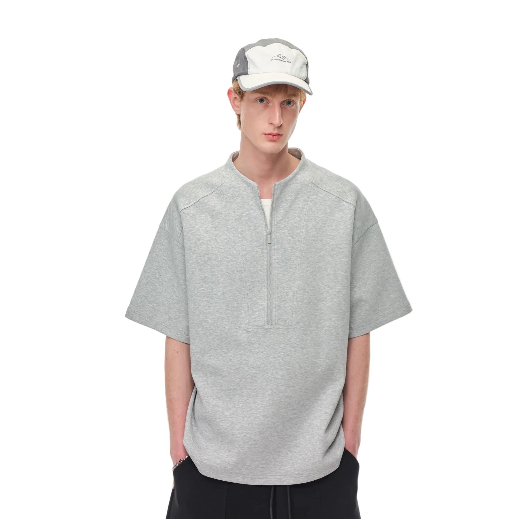 Grey Air Layer High Neck Zipper T-Shirt