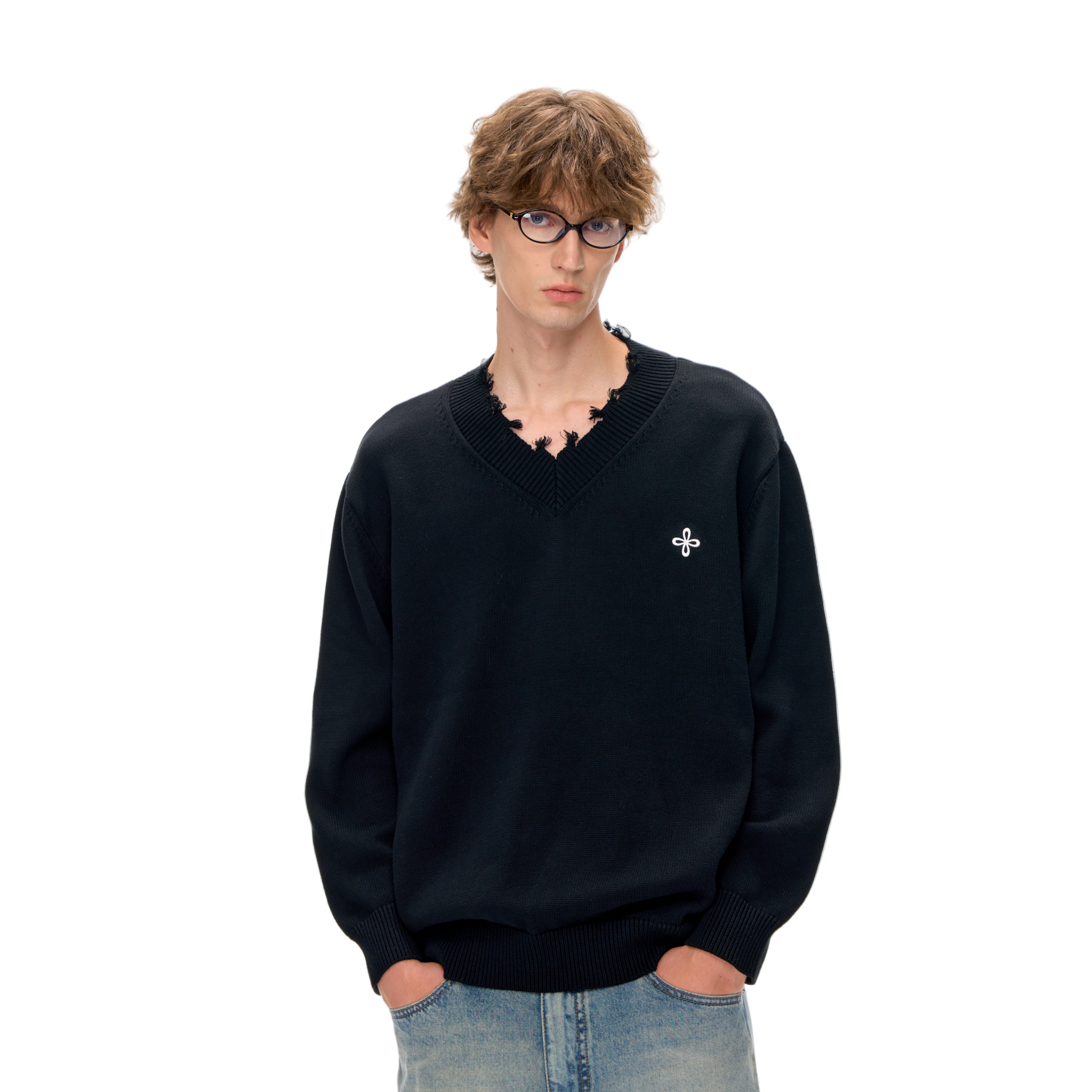 Black Cotton Cross-stitch Embroidered Raw-Edge V-Neck Sweater